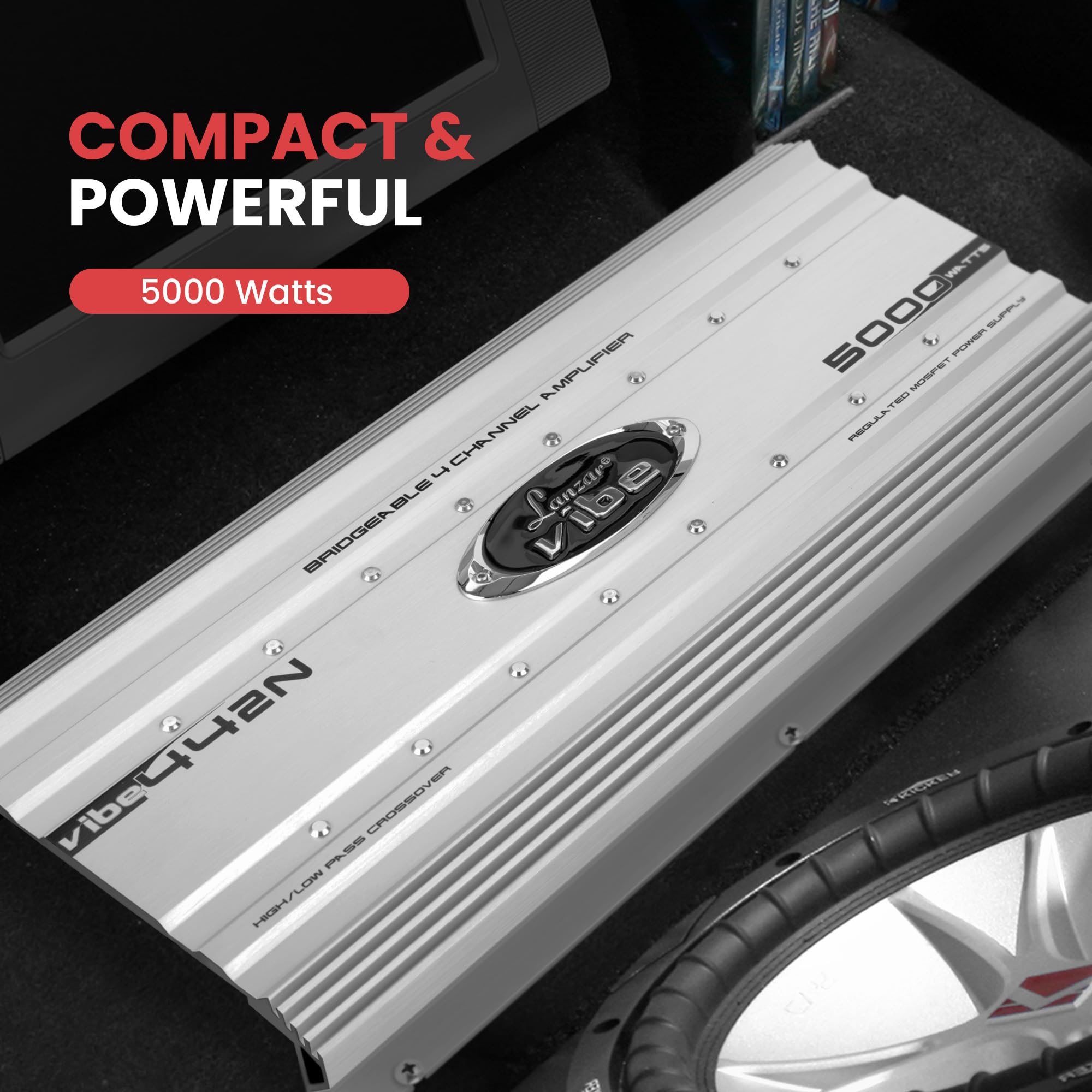 Lanzar Premium 5000W 4-Channel Car Audio Amplifier with RCA Input, Subwoofer Bass Control, LED Indicator - VIBE442N.5 (Gray) | Power Amp for Car Stereo System, Truck & SUV Audio Upgrade | Perfect for Bass Lovers & Car Audio Enthusiasts