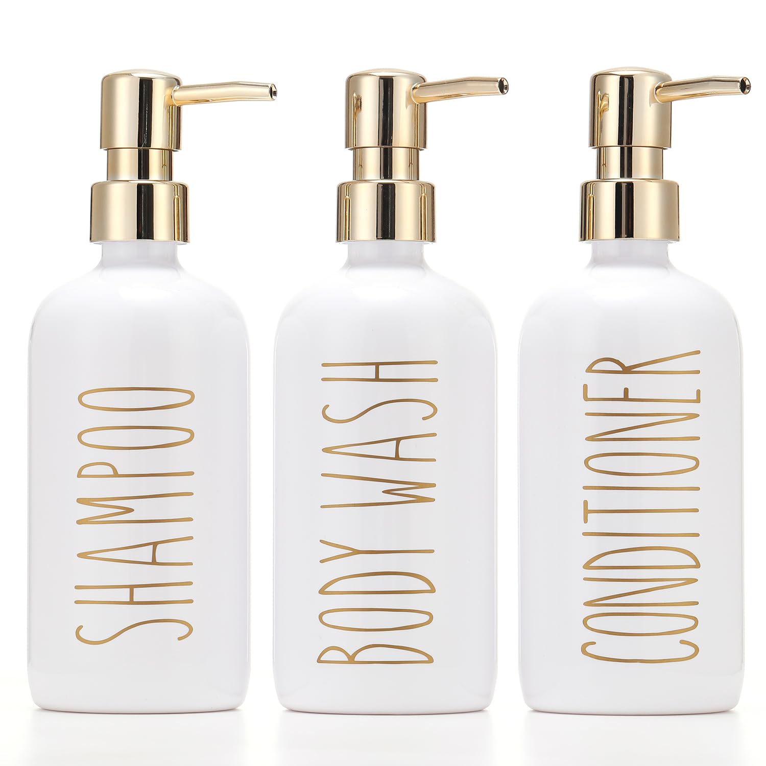 HOMCDALY 21oz Shampoo and Conditioner Dispenser Set of 3 - Refillable Pump Bottles for Shower, Bathroom & Travel - Gold (Perfect for Organizing Shampoo, Conditioner, Body Wash & Liquid Soap)