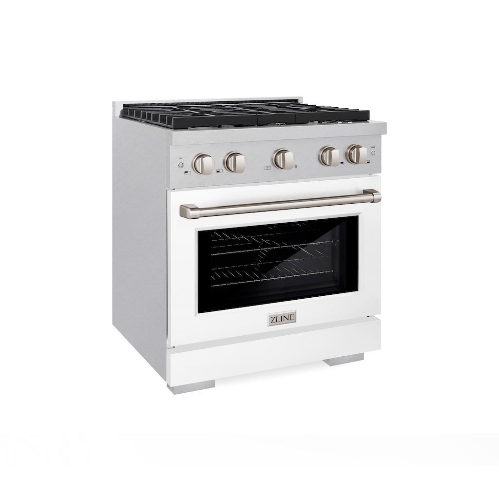 ZLINE 30 Inch 4.2 Cu. Ft. Paramount Gas Range with 4 Burner Cooktop & Convection Gas Oven - Satin Stainless Steel with White Matte Door (SGRS WM 30) | Perfect for Modern Kitchens, Home Chefs & Professional Cooking