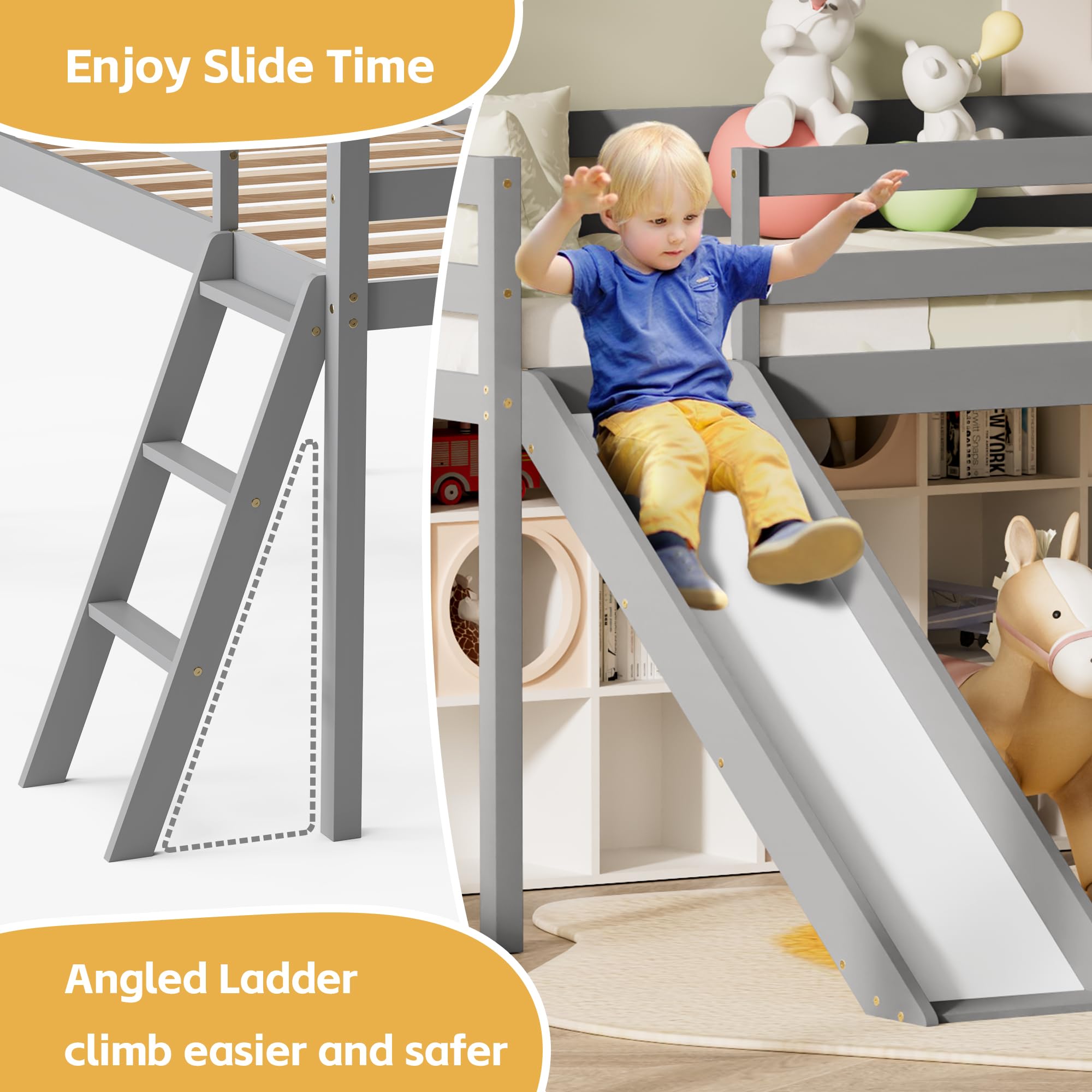 Low Loft Bed with Slide - Wood Twin Loft Bed Frame with Climbing Ladder & Storage Space for Kids & Toddlers (Grey) | Perfect for Small Bedrooms, Playrooms & Dorm Rooms | Space-Saving Kids Furniture with Fun Slide Feature