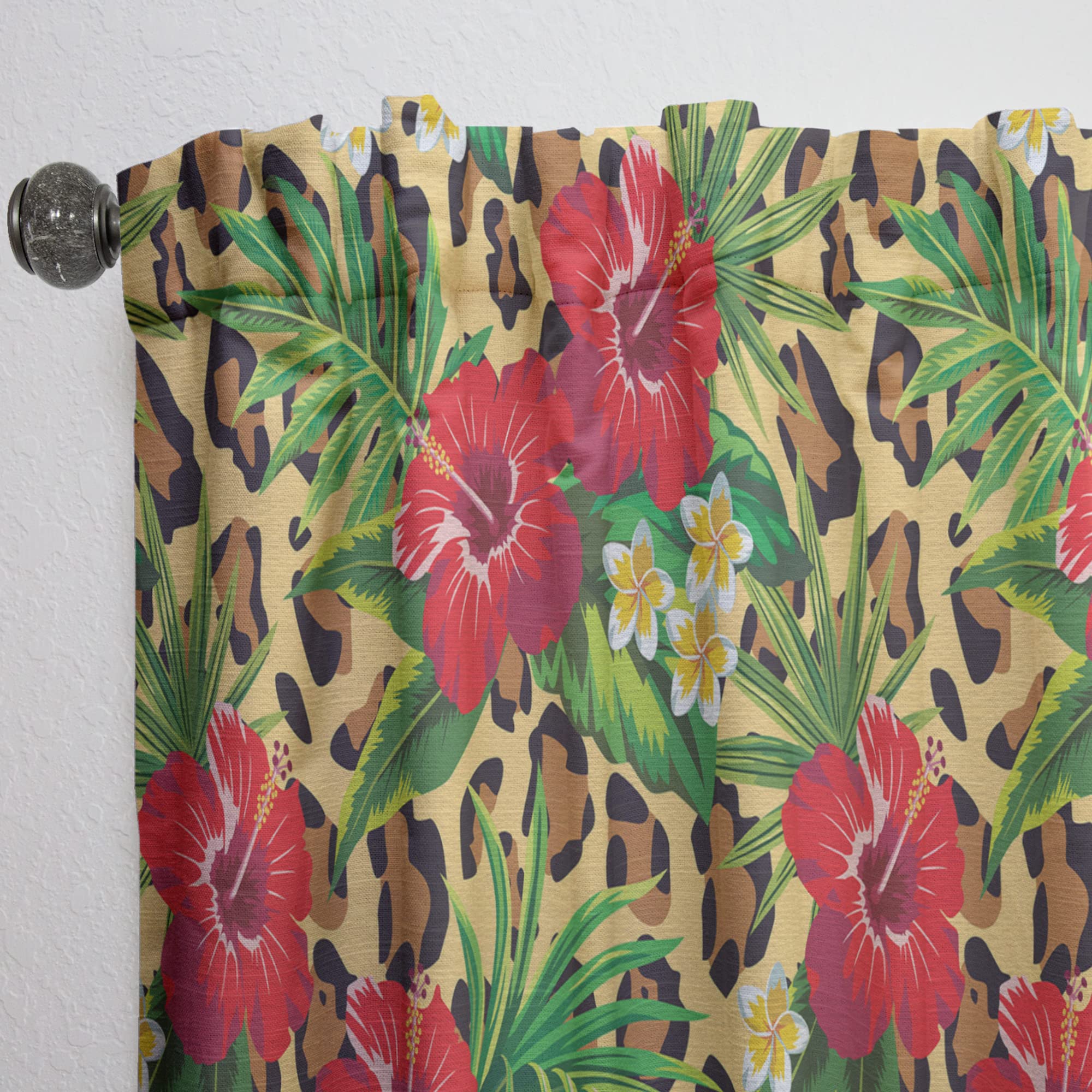 Tropical Hibiscus & Plumeria Flower Curtains with Palm Leaves - Thermal Insulated Blackout Drapes for Bedroom & Living Room - Single Panel 52x90 Inches - Perfect for Beach House Decor, Vacation Rental, or Tropical Theme Room
