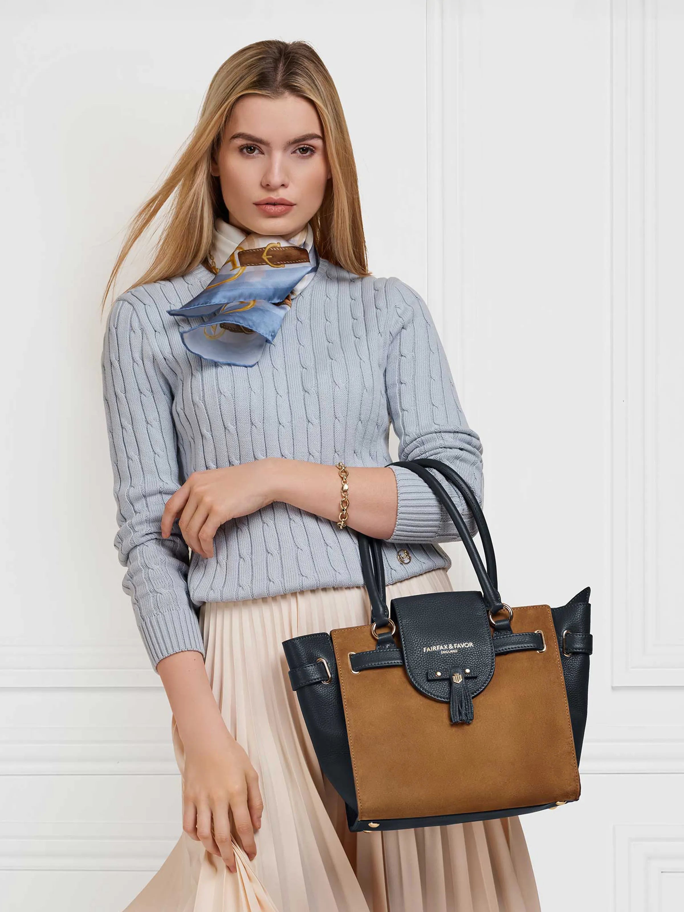 Windsor Tote Bag in Tan & Navy - Stylish Leather Handbag for Women, Perfect for Work, Travel & Everyday Use