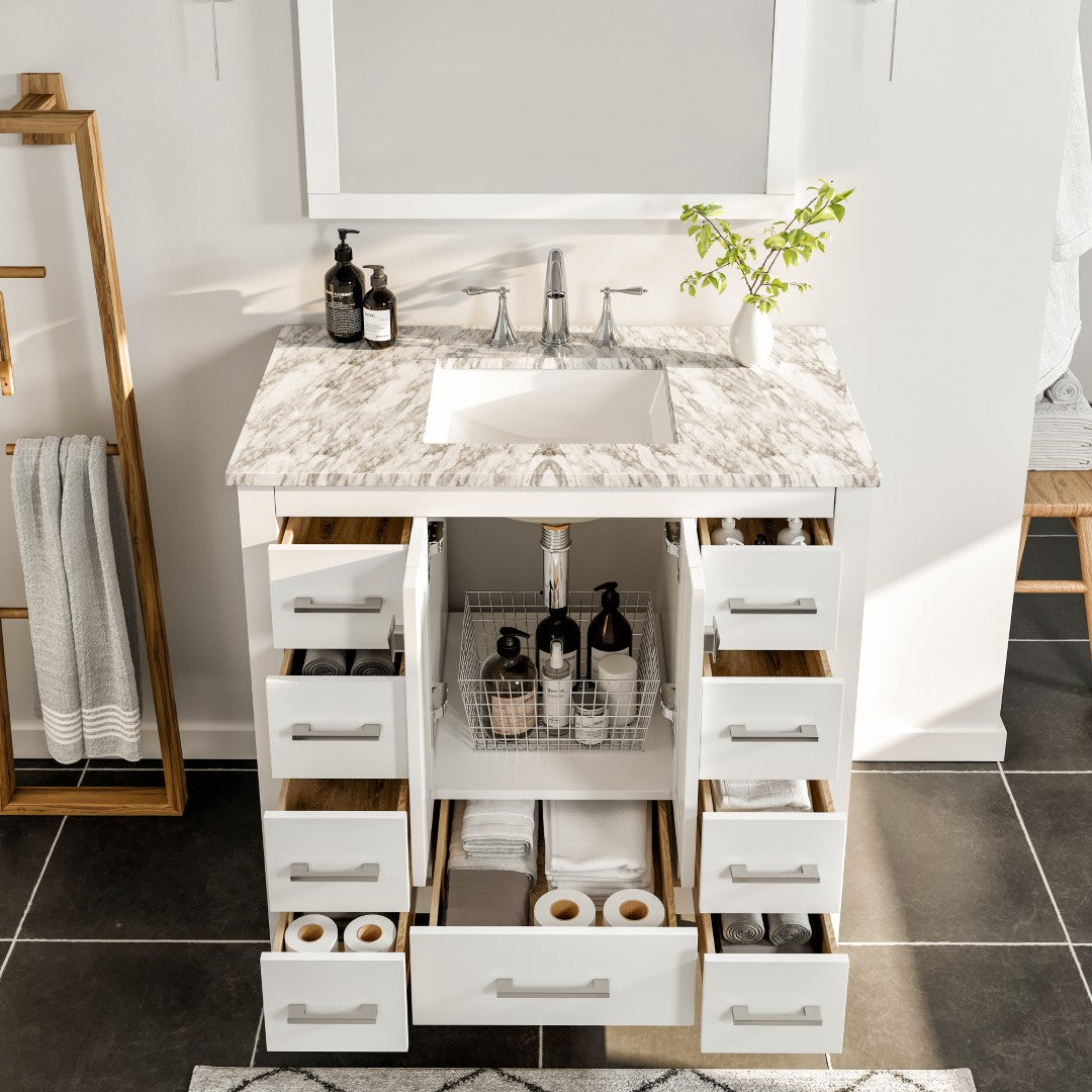 Eviva Hampton 36 Inch White Bathroom Vanity with Sink - Modern Single Sink Bathroom Cabinet for Small Spaces, Perfect for Powder Rooms and Guest Bathrooms