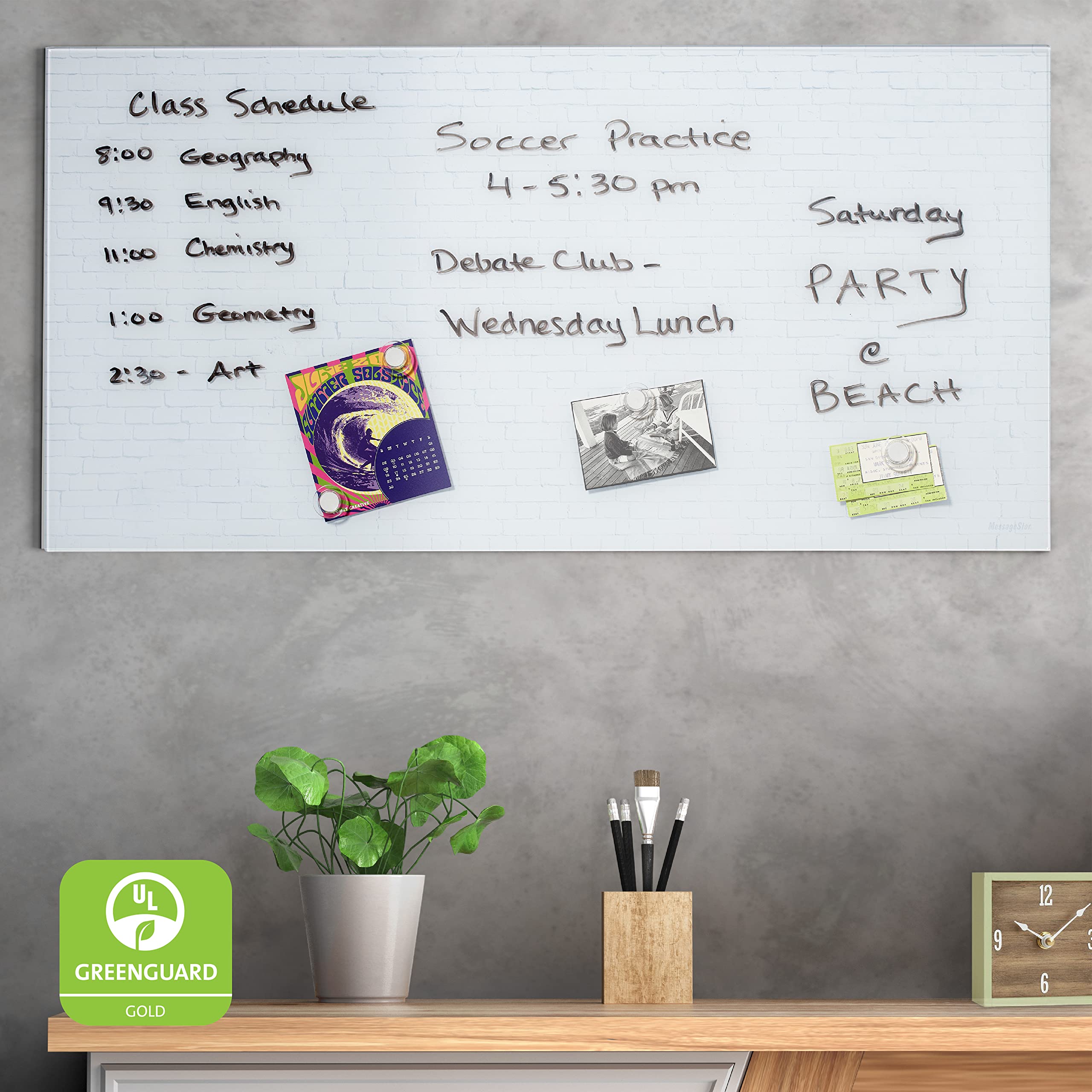 ECR4Kids Magnetic Dry-Erase Glass Whiteboard - 18x36 Inch Wall Mounted White Board with Magnets for Office, Classroom & Home Use - White Brick Design
