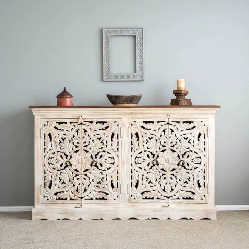Hand Carved Whitewashed Wood Buffet Table - Unique Rustic Sideboard for Dining Room, Living Room & Farmhouse Decor