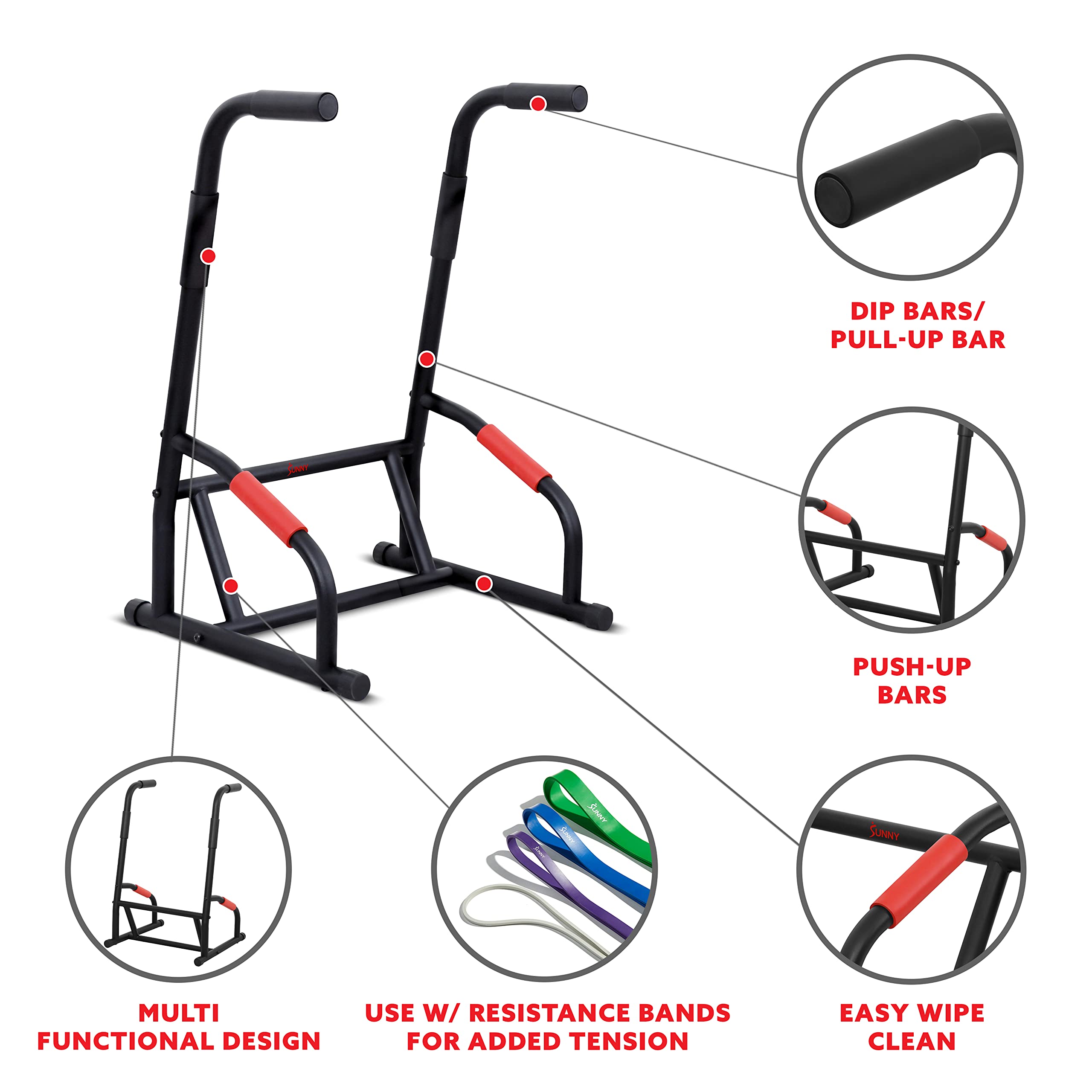 Sunny Health & Fitness Power Tower - Adjustable Dip Bar, Push Up & Pull Up Station with Parallette Bars | Home Gym Equipment for Strength Training & Rock Climbing Grip Workouts | Perfect for Garage, Basement & Home Workouts