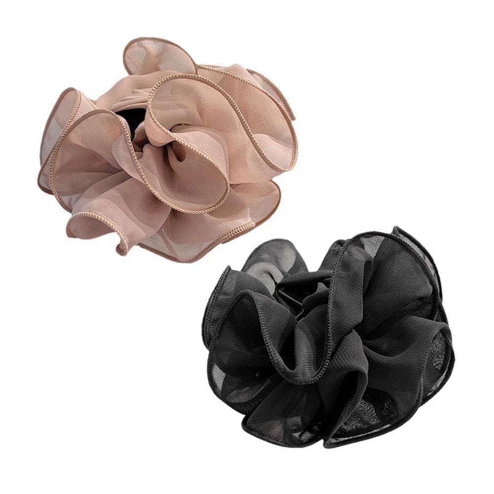 Elegant Black Chiffon Claw Clip Hair Bow with Fabric Ribbon & Silk Flower - Perfect for Parties, Weddings & Everyday Hairstyles