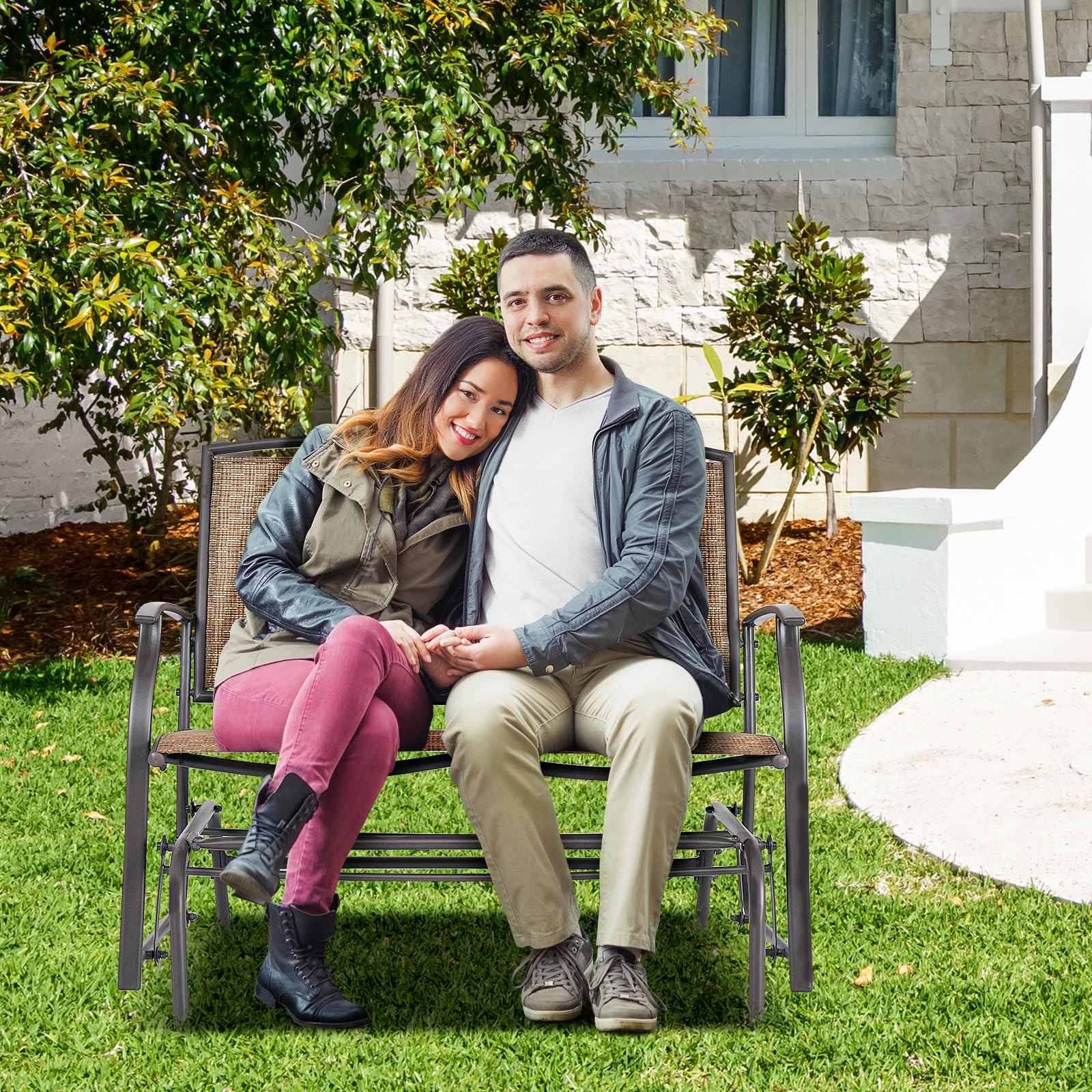 Giantex 2-Person Outdoor Patio Glider Bench - 400 lbs Capacity Steel Frame Swing Chair with Ergonomic Back Support & Premium Fabric - Brown Natural Style Loveseat for Garden, Porch, Deck & Backyard Relaxation