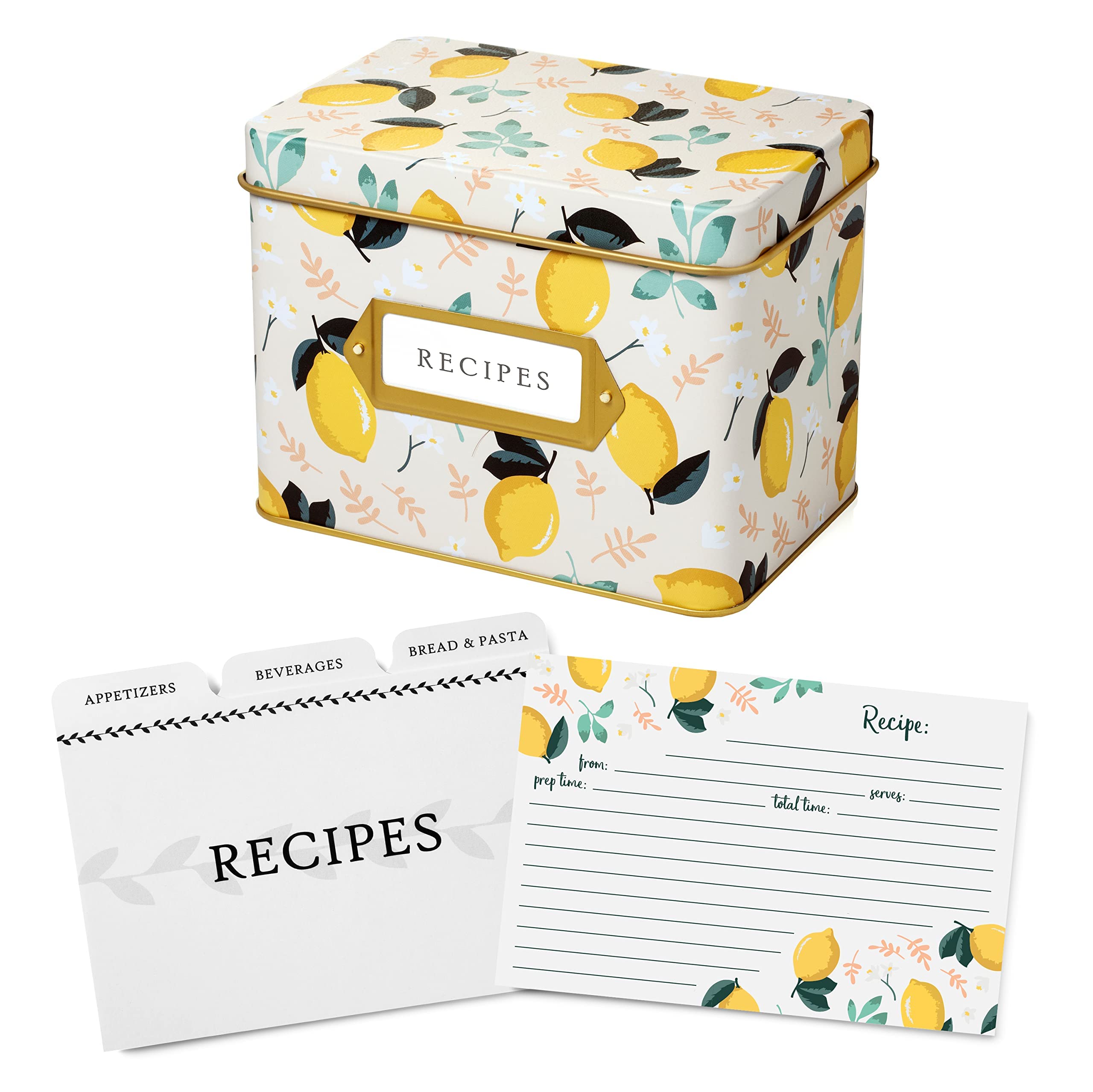 Jot & Mark Recipe Card Gift Box - 25 Pack 4x6 Inch Blank Recipe Cards with 14 Dividers & Decorative Tin Storage Box - Perfect for Organizing Family Recipes, Meal Planning, and DIY Gift Giving