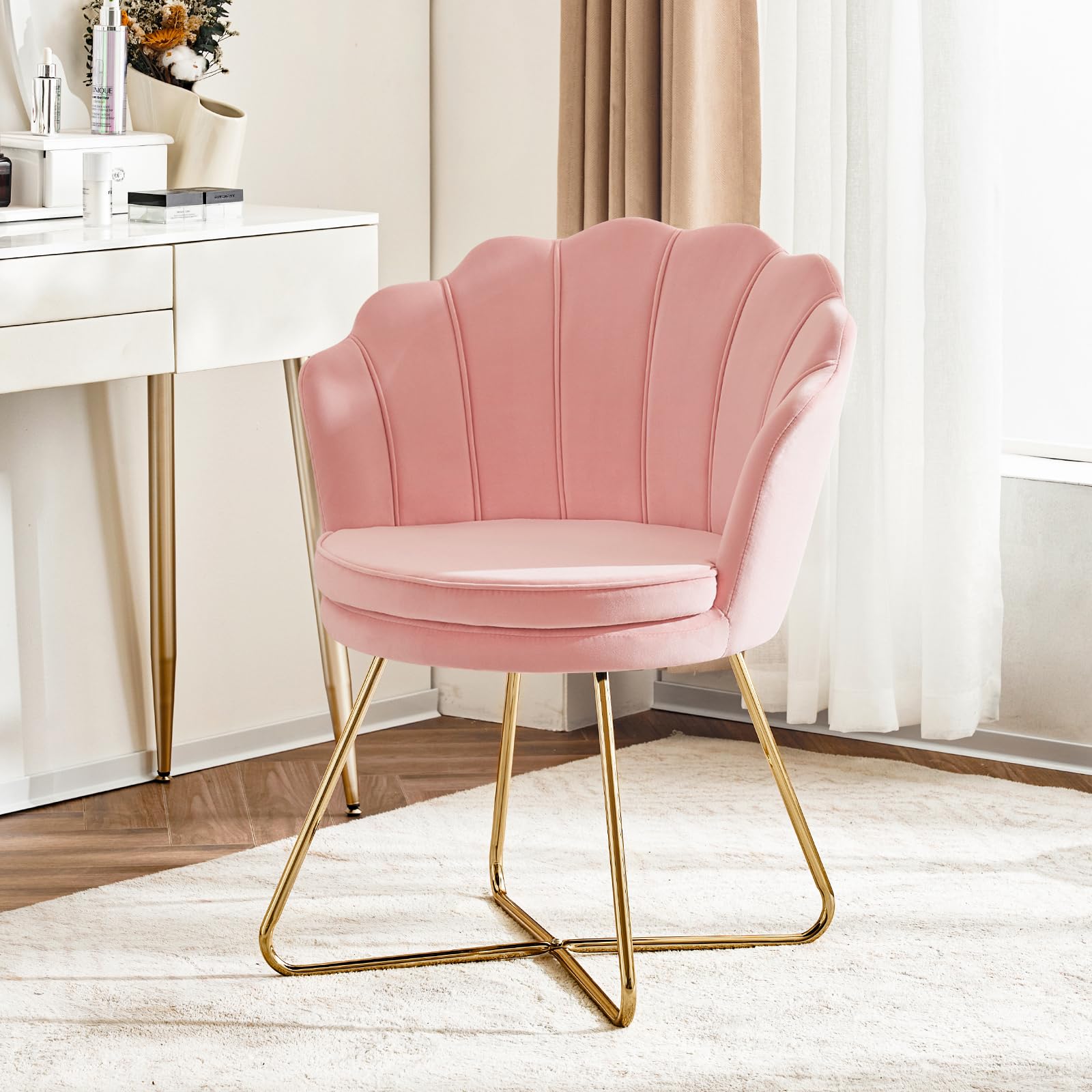 Furnimart Velvet Vanity Chair with Back - Pink Criss Cross Accent Chair with Gold Legs for Bedroom, Living Room & Makeup Station | No Wheels Desk Chair for Dressing Table & Home Decor
