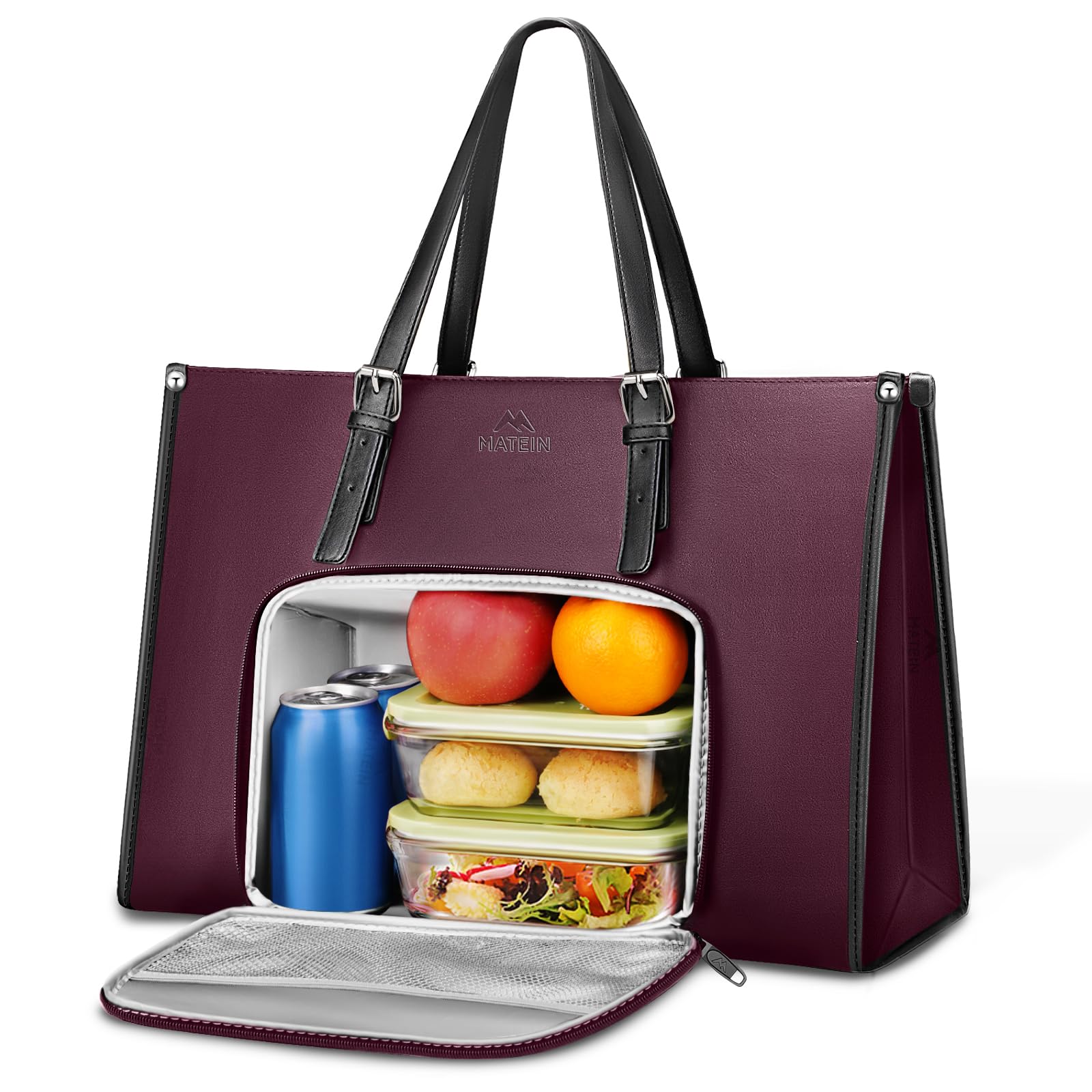 15.6 Inch MATEIN Laptop Tote Bag with Leakproof Lunch Compartment, PU Leather Business Briefcase & Cooler Bag, Lightweight Teacher Computer Purse for Work, Casual Handbag in Purple - Ideal for Office, School & Travel