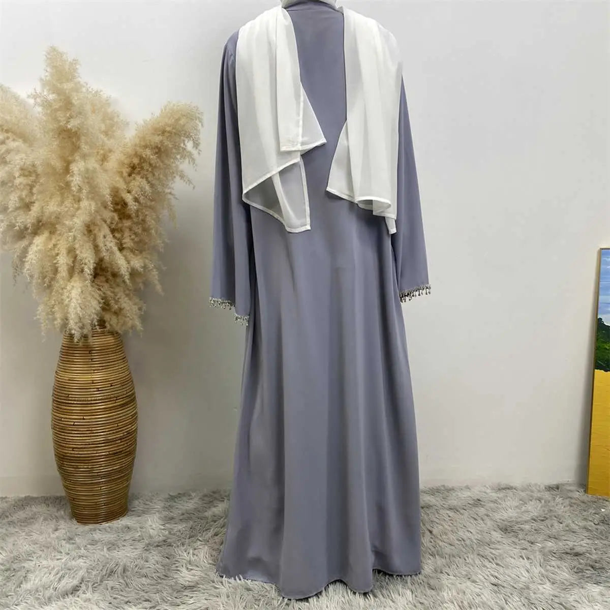 2-Piece Rhinestone Open Abaya Dress Set with Inner Sleeveless Dress & Belt - Elegant Muslim Fashion for Weddings, Parties & Special Occasions