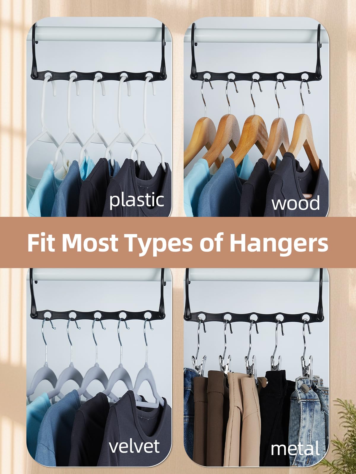 HOUSE DAY Closet Organizers - Space Saving Magic Hangers (8 Pack Black) - Heavy Duty Plastic Clothes Hangers with 5 Holes for Dorm Room, Apartment & Home Organization - Perfect for Sweaters, Coats & Bulk Clothing Storage