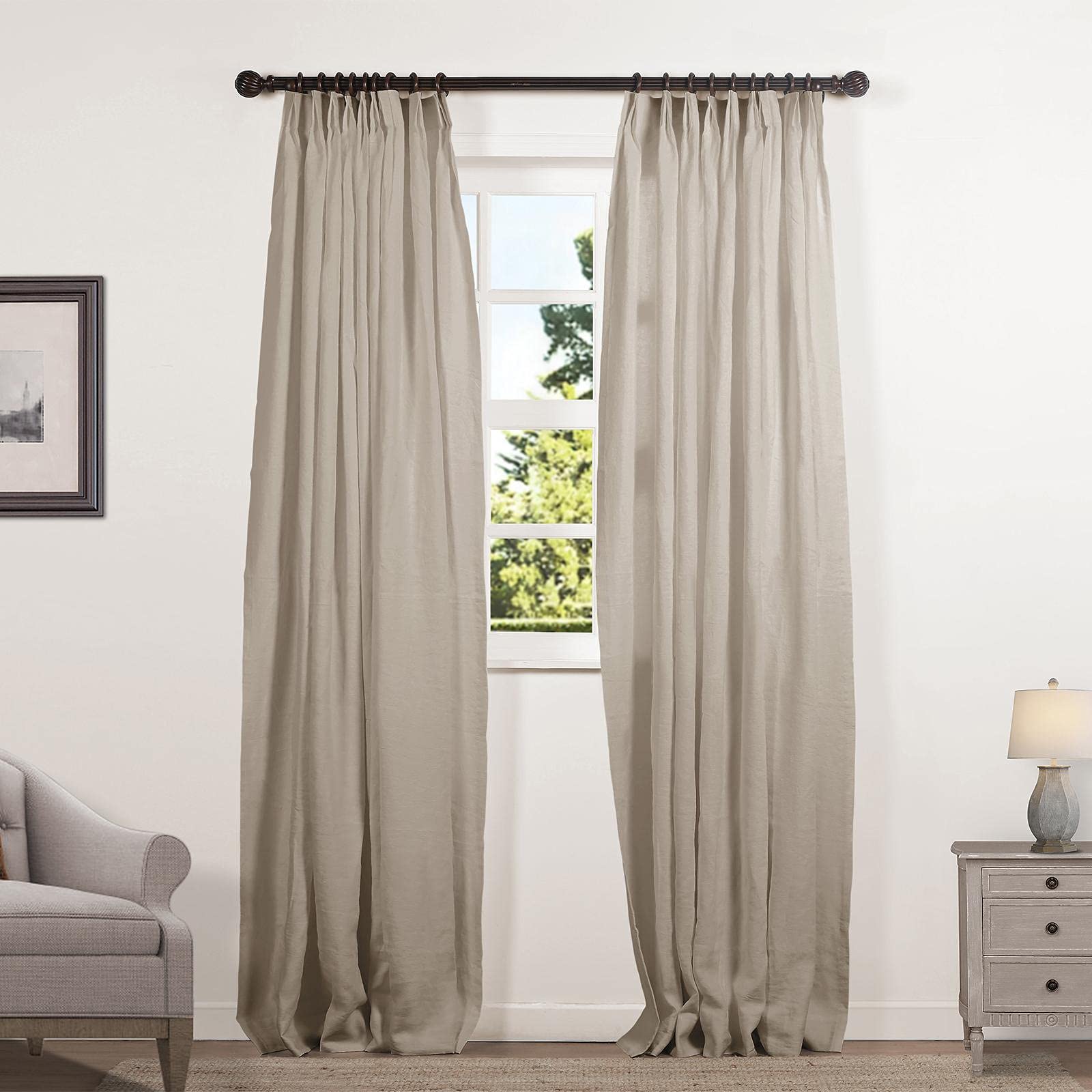 TWOPAGES Natural Linen Pinch Pleated Curtains for Living Room - Light Filtering & Room Darkening Window Drapes (Set of 2 Panels, 26x96 Inches, Safari Beige) - Perfect for Bedroom, Home Theater & Privacy Protection