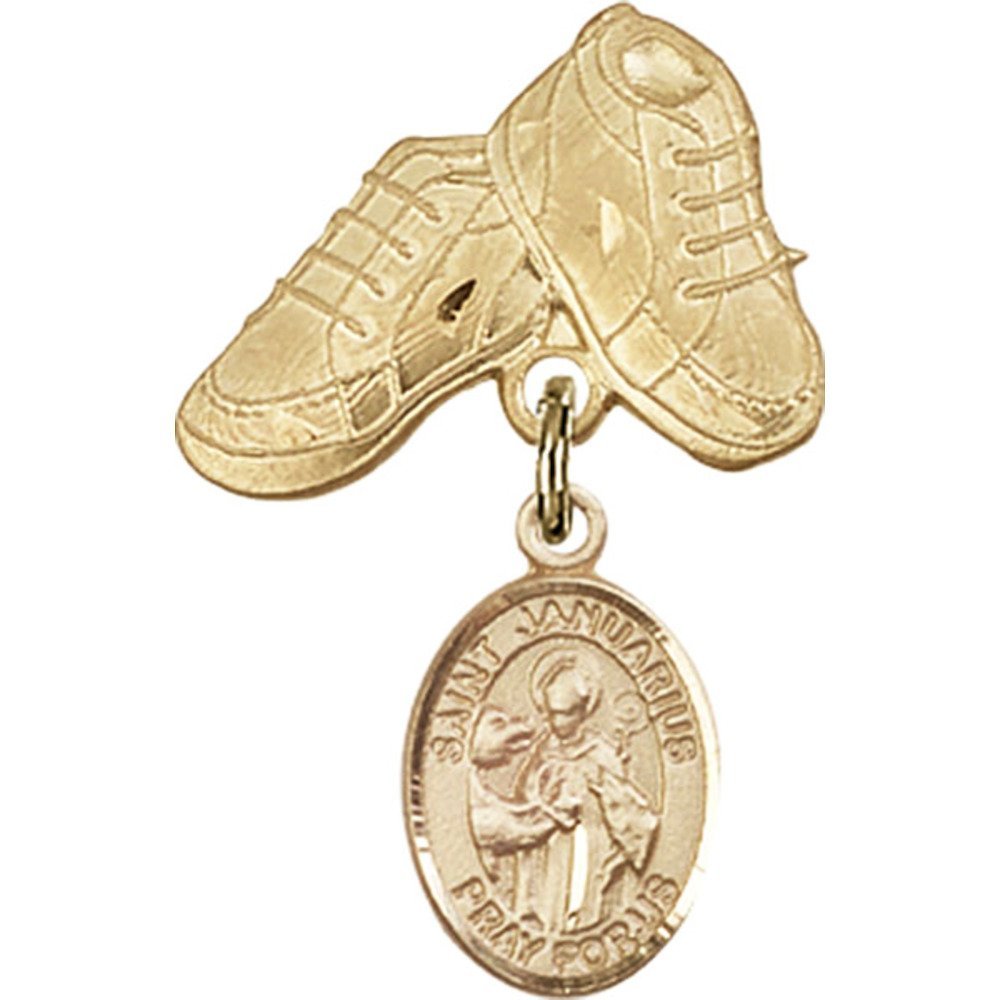 Gold Filled Baby Badge with St. Januarius Charm & Baby Boots Pin - 1 X 5/8 Inch - Perfect for Christening Gifts, Baby Showers & First Communion Keepsakes