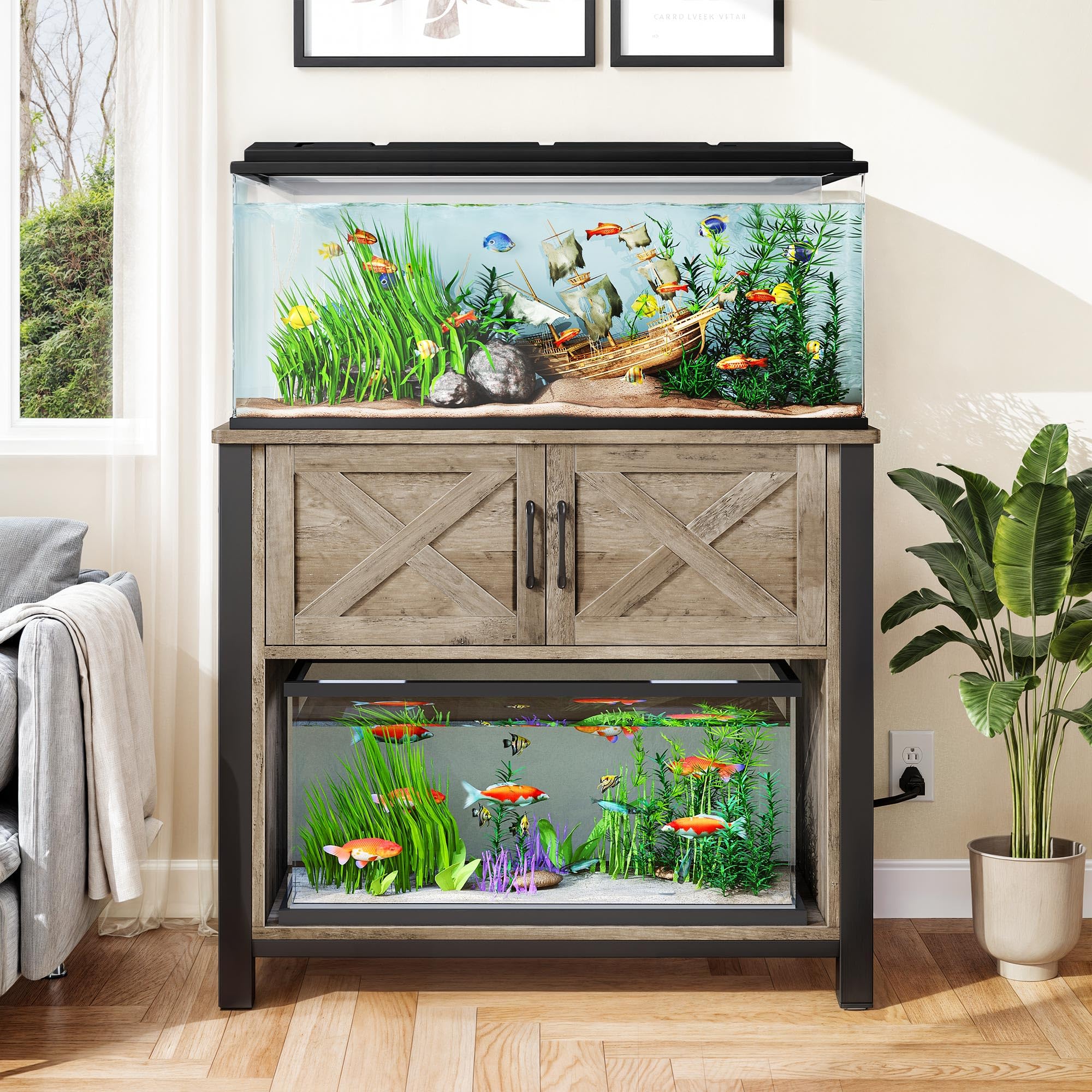 DWVO 40-50 Gallon Heavy Duty Metal Aquarium Stand with Power Outlets & Storage Cabinet – 660LBS Capacity Fish Tank Stand for Turtle Tanks, Reptile Terrariums, Grey – Perfect for Home, Office, or Classroom Aquatic Displays