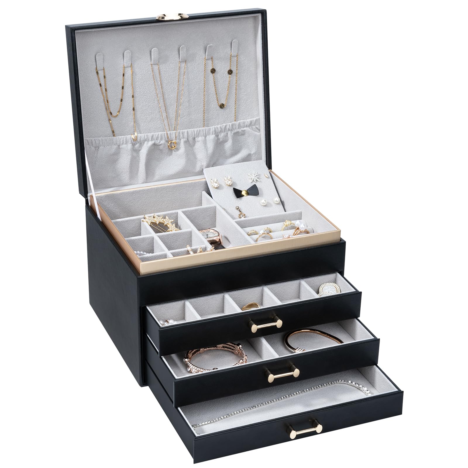 4-Layer Large Jewelry Organizer Box for Women with 3 Drawers - Modern Storage Case for Earrings, Rings, Bracelets & Necklaces (Black) | Perfect for Bedroom Vanity, Travel & Gift Giving