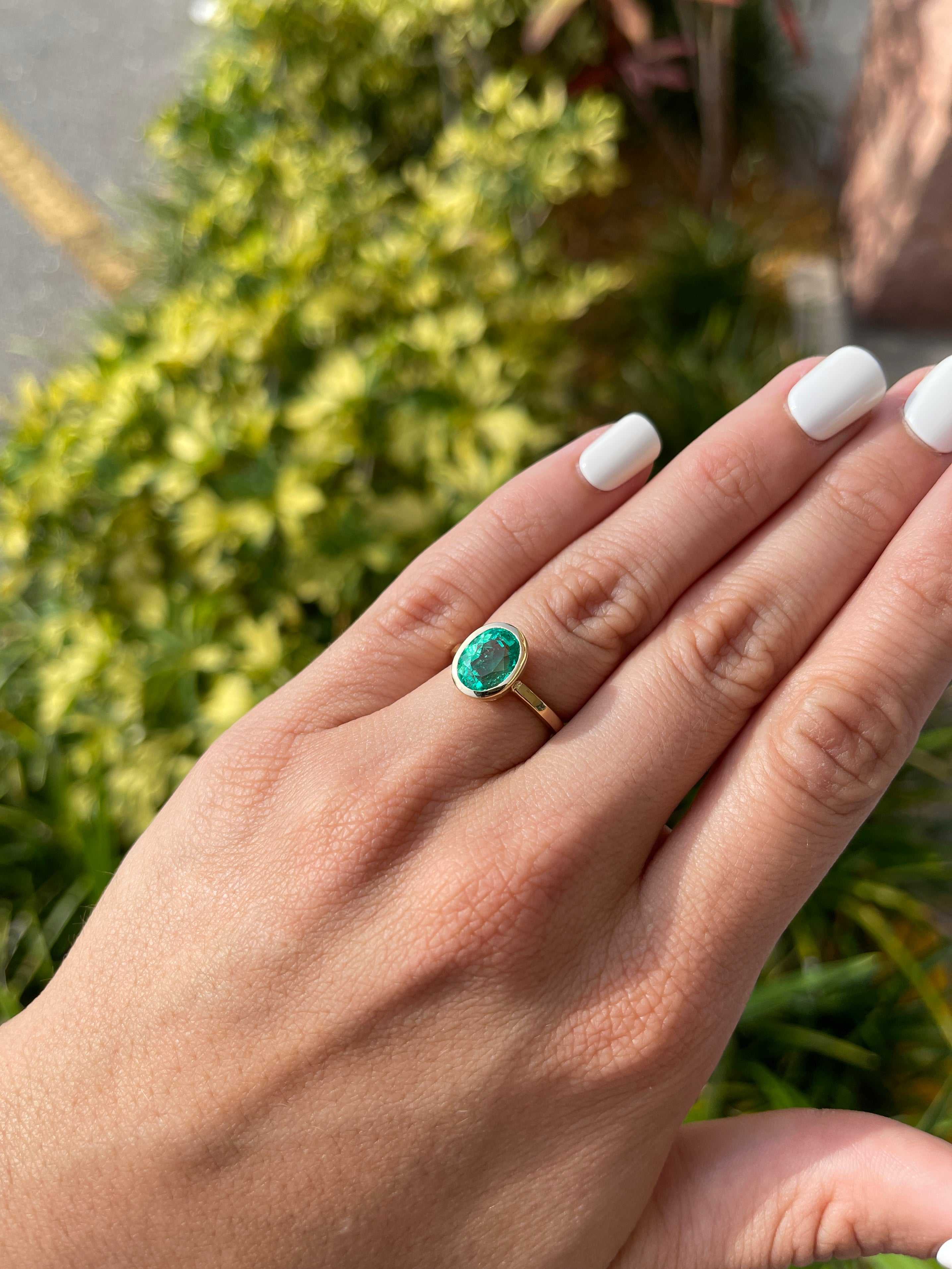 3.15 Carat 18K Gold Bezel Set Oval Emerald Solitaire Engagement Ring for Women - Elegant Wedding, Proposal, Anniversary Gift Idea