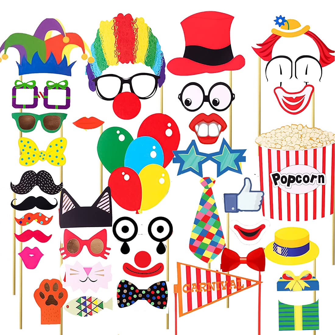 36pcs Circus Photo Booth Props with Stickers - Funny Carnival Theme Party Decorations for Birthday, Baby Shower & Halloween - Perfect for Photo Booths, Themed Parties & Social Media Fun