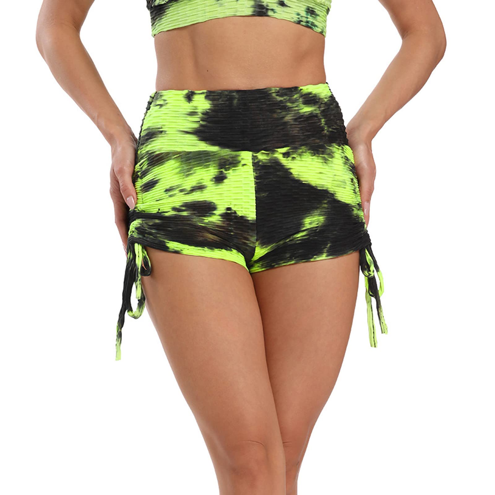 High Waist Yoga Shorts for Women - Bubble Drawstring Tie-Dye Workout Pants - Skinny Fit Sports & Fitness Shorts - Perfect for Yoga, Gym, Running and Lounge Wear