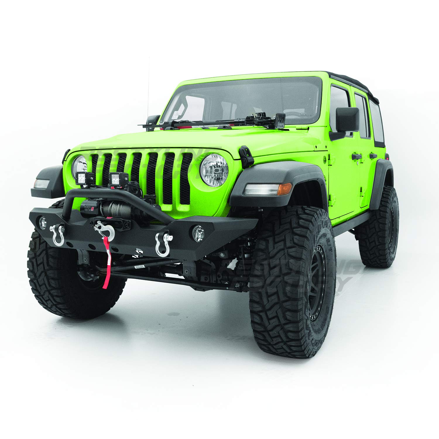 Black Textured Front Bumper with Fog Light Holes, 2 D-Ring Shackles & Winch Plate Compatible with 2018-2021 Jeep Wrangler JL - Heavy Duty Off-Road Protection for Trail Riding & Rock Crawling
