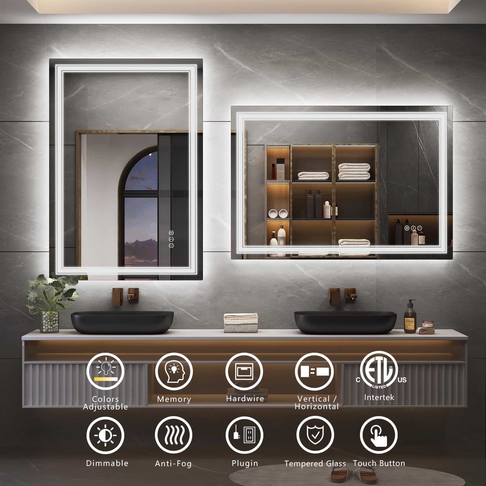 50x40 Inch LED Bathroom Mirror with Dimmable Backlit & Front Lights - Anti-Fog, Shatterproof, Memory Function (Horizontal/Vertical) - Perfect for Modern Bathrooms, Vanities and Makeup Areas