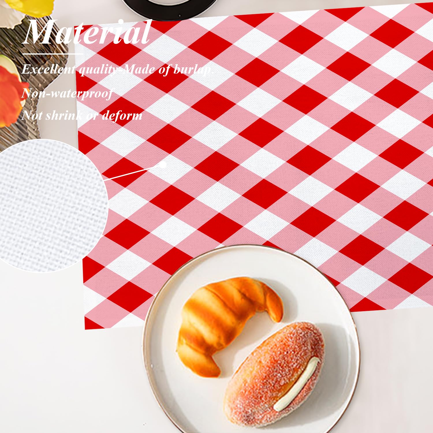 Shrahala Plaid Retro Placemats - Set of 4 Washable Non-Slip Burlap Fabric Square Placemats in Red & White Gingham Pattern for Dining Table, Kitchen, Round Table & Outdoor Use | Perfect for Holiday Dinners, Picnics & Everyday Meals