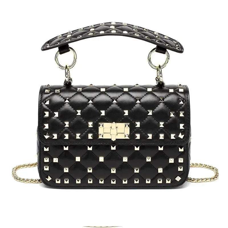 Luxury Women's Sheepskin Leather Handbag with Rivet & Chain Strap - Designer Shoulder Bag & Messenger Purse for Work, Travel & Evening Out