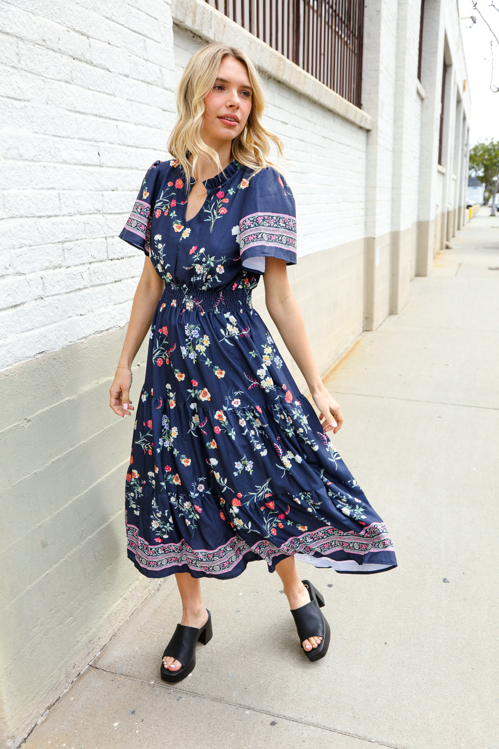 Boho Navy & Floral Print Tiered Maxi Dress - Notch Neckline, Flowy Beach Cover Up for Summer Vacations, Music Festivals and Casual Outings