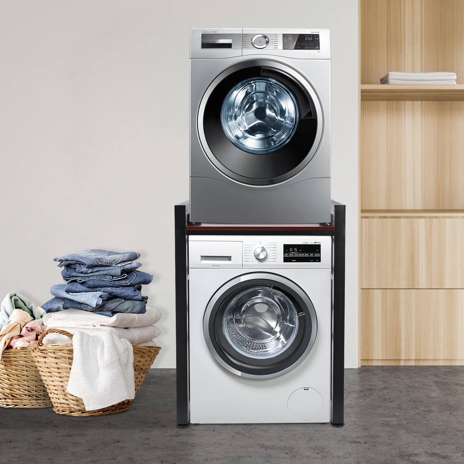 Heavy Duty Washer Dryer Stacking Rack Stand - Adjustable Over Washer & Dryer Shelves with Space Saving Design - 41.34 Inch Laundry Room Storage Organizer (Black, Teak Color) - Perfect for Small Spaces & Apartment Laundry Organization