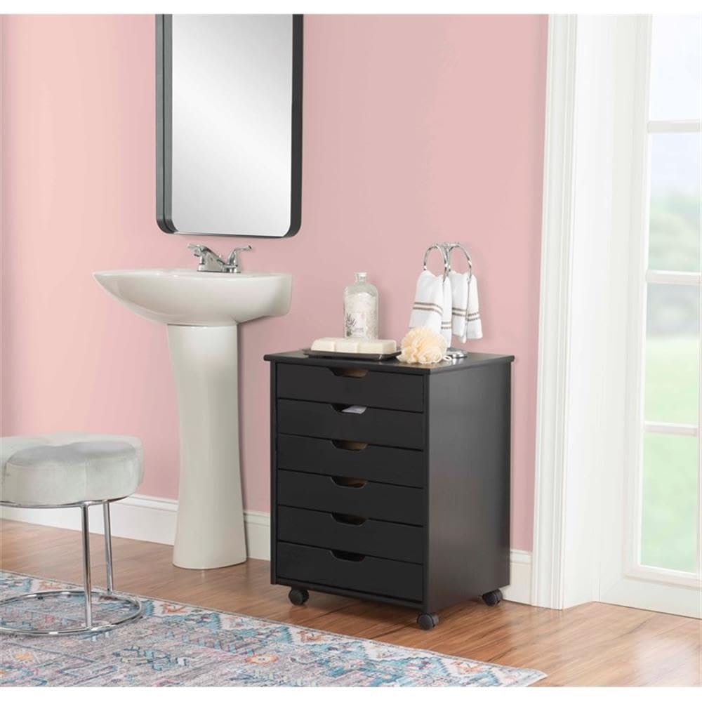Black 6-Drawer Wooden Rolling Storage Cart with Wheels - Organizer for Bedroom, Closet, Office & Kitchen - Mobile Storage Solution for Home & Office
