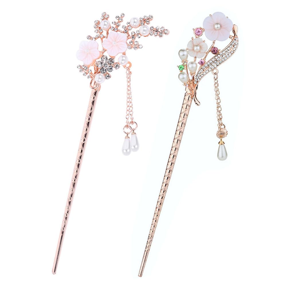 Vintage Pearl Flower Hair Sticks - 2PCS Rhinestone Hair Pins for Women, Wedding & Party