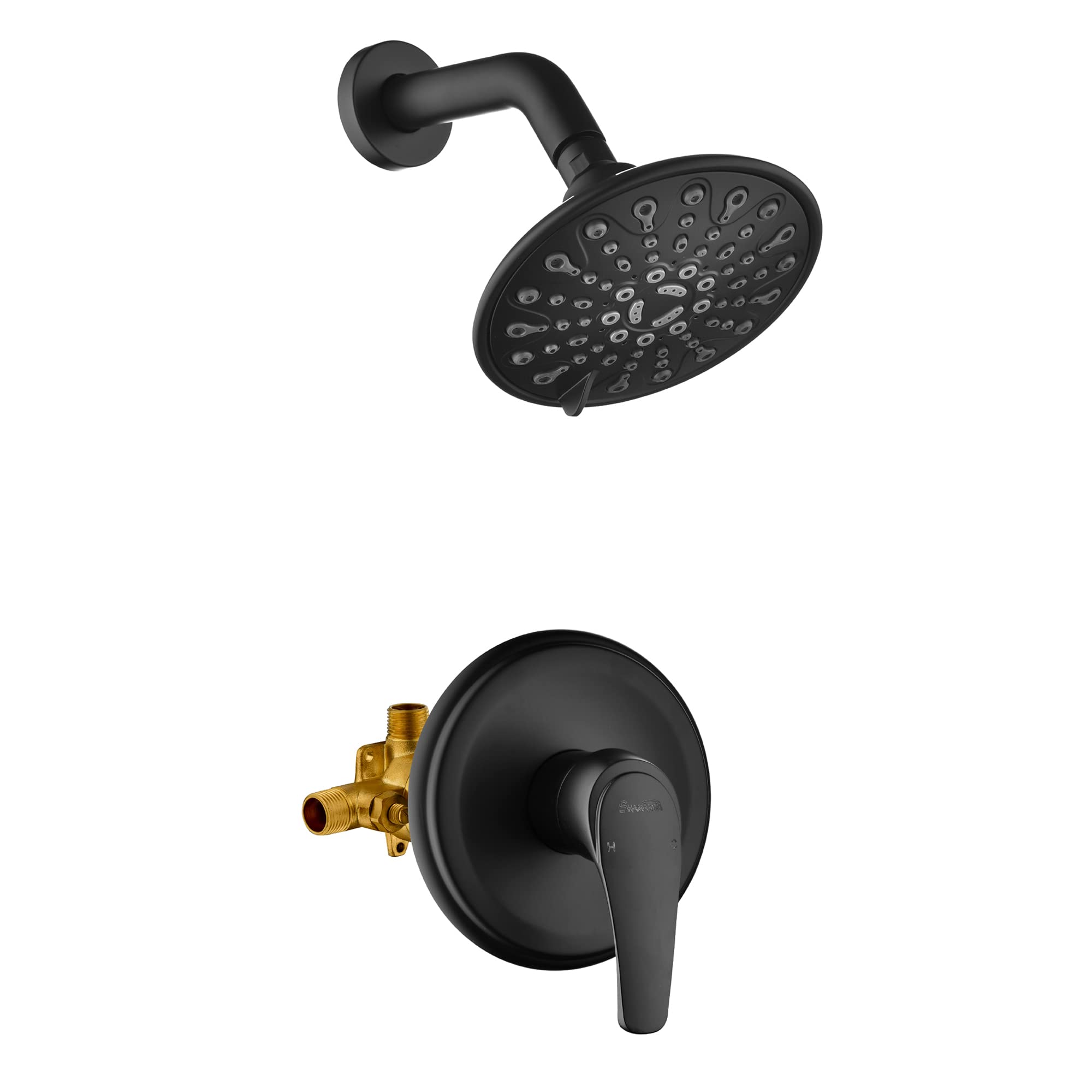 SHAMANDA Matte Black Single Handle Shower Faucet Set - Wall Mounted Shower System with Round-in Valve & 6-Spray Touch-Clean Shower Head - Modern Bathroom Upgrade for Master Bath, Guest Bath & Spa-Like Shower Experience