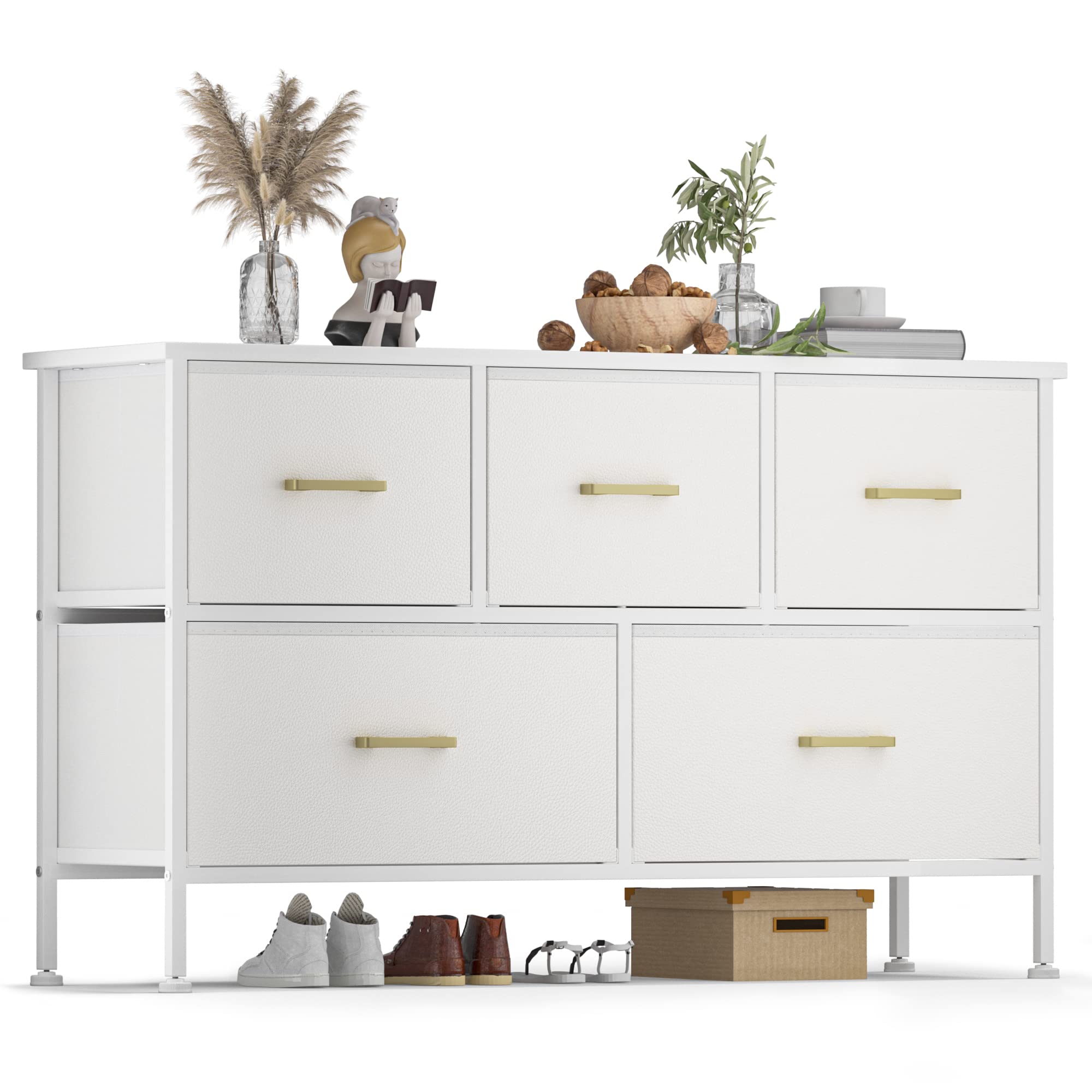 5-Drawer Dresser for Bedroom - White Wooden Chest of Drawers with Steel Frame & Leather Finish - Perfect for Closet, Living Room, TV Stand & Nursery Storage (Glacier White)
