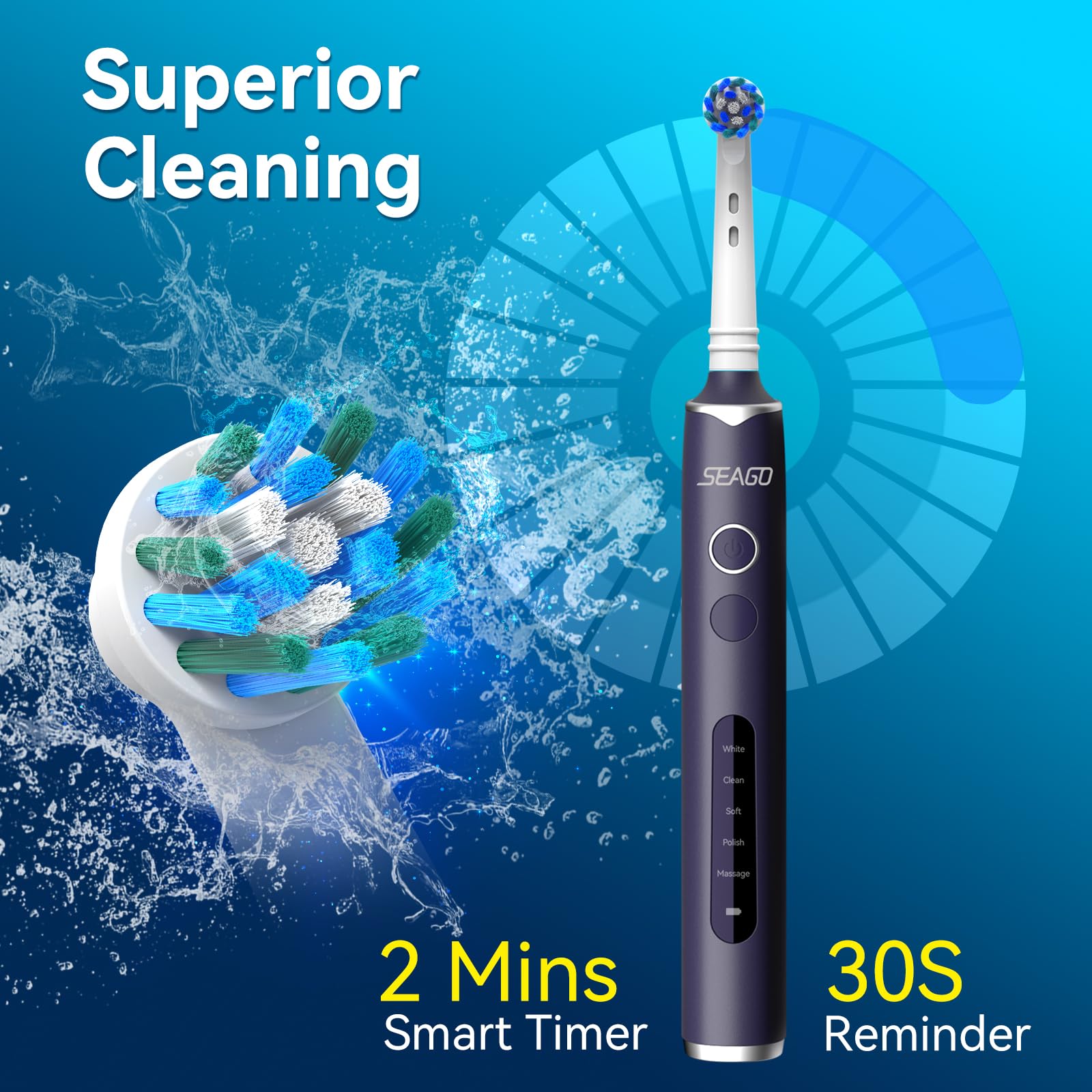 SEAGO Sonic Electric Toothbrush with 8 Replacement Brush Heads - 5 Cleaning Modes, 14-Day Teeth Whitening Technology - Waterproof Rotating Toothbrush for Adults & Kids (Black, Model SG-2603) | Perfect for Home Use, Travel & Daily Oral Care