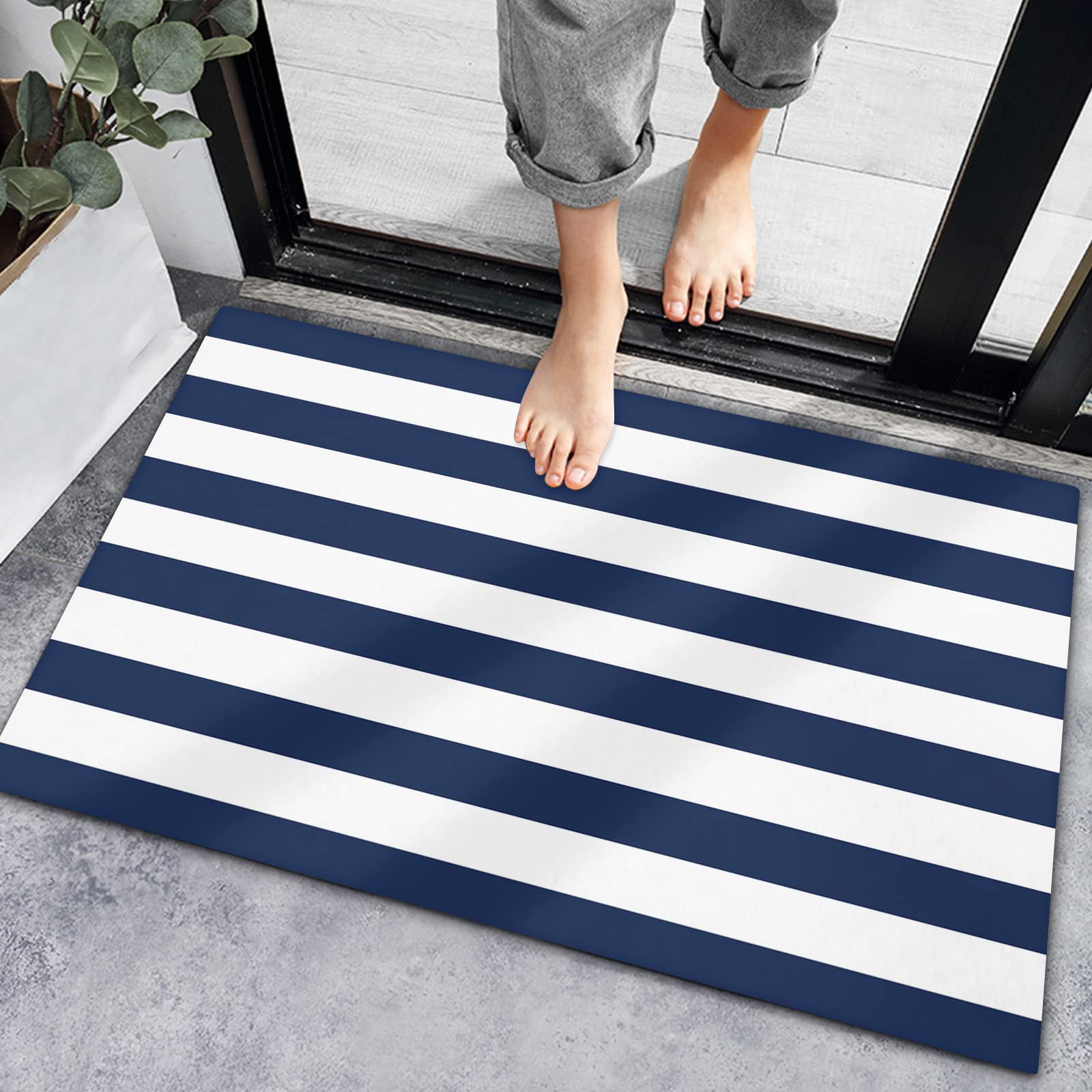 Navy Blue and White Striped Non-Slip Doormat - Waterproof Front Door Mat with Ocean Nautical Theme for Indoor/Outdoor Use - Perfect for Entrance, Bathroom, Bedroom & Living Room - Ideal for Coastal Home Decor and Beach House Style