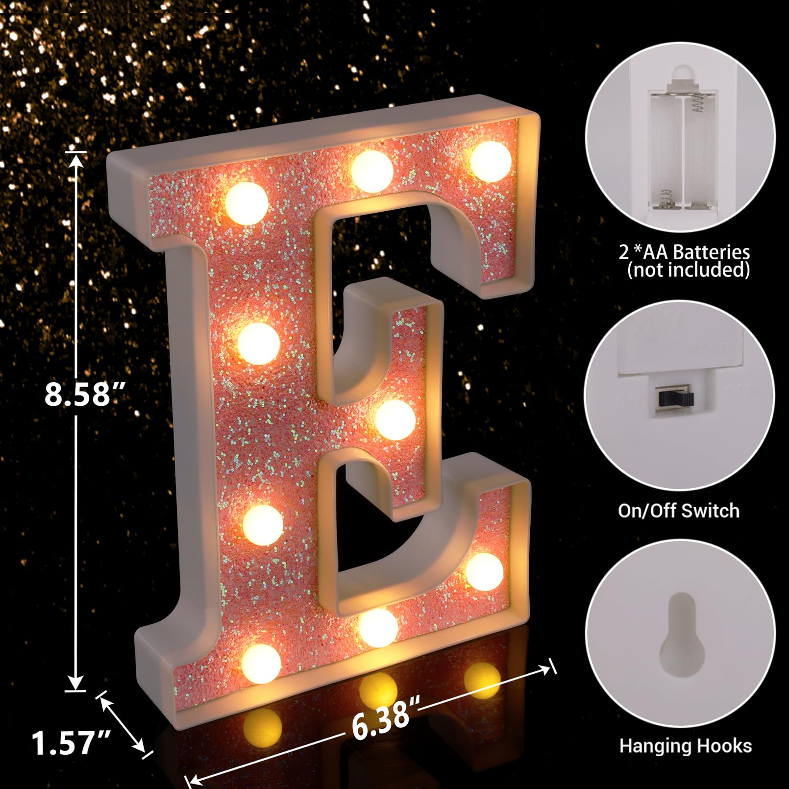 Pink Glitter LED Marquee Letter E - Battery Powered Light Up Alphabet Sign for Home, Party, Wedding, Birthday & Christmas Decor - Perfect for Girls' Room, Bar & Night Light Gift