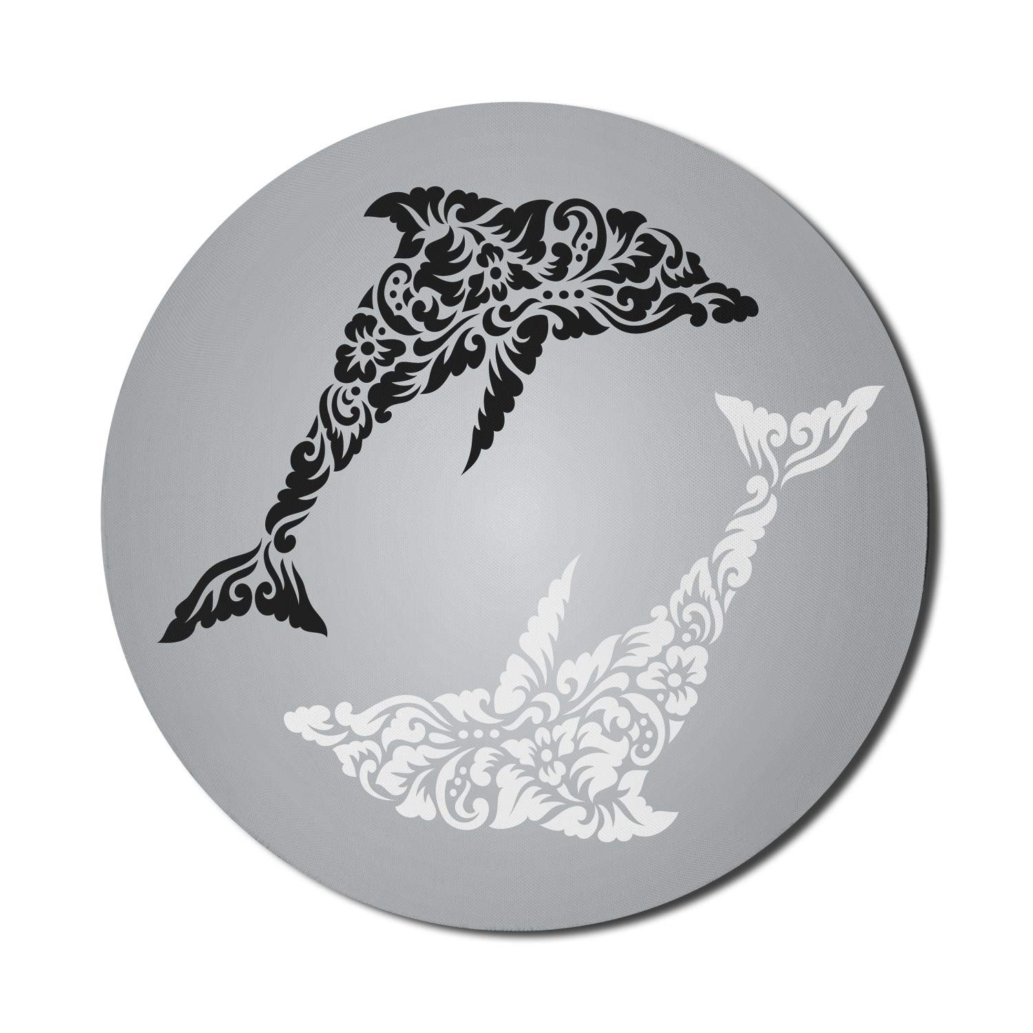 Ambesonne Dolphin Mouse Pad - Non-Slip Round Rubber Gaming Mousepad with Monochrome Subaquatic Floral Design (8