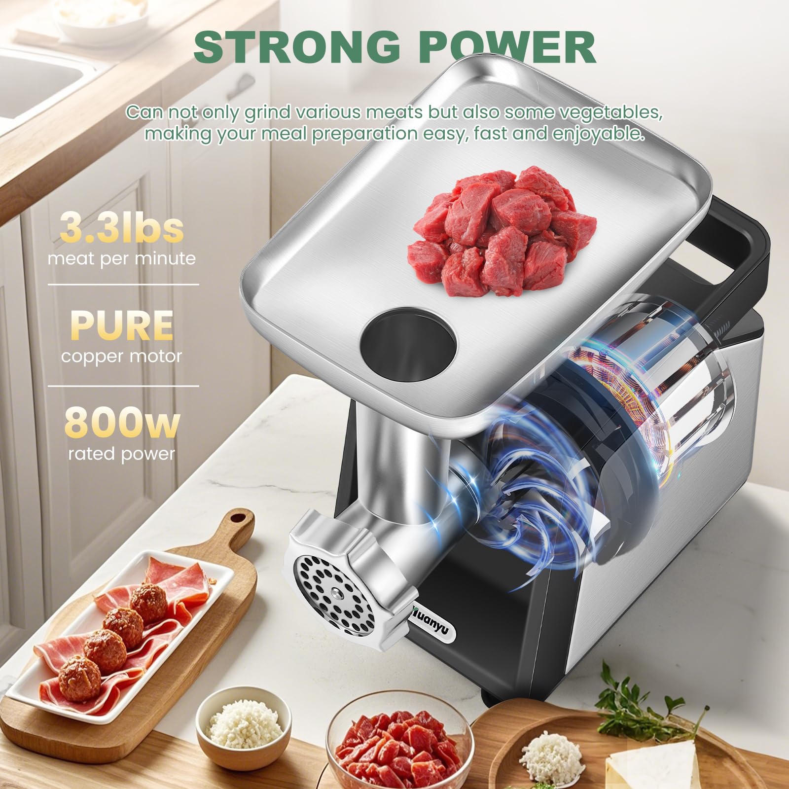 Huanyu 800W Electric Meat Grinder for Home Use - Includes 2 Blades, 4 Plates, Sausage Tube & Kubbe Kit (110V) | Perfect for Grinding Beef, Pork, Making Sausages & Homemade Pet Food