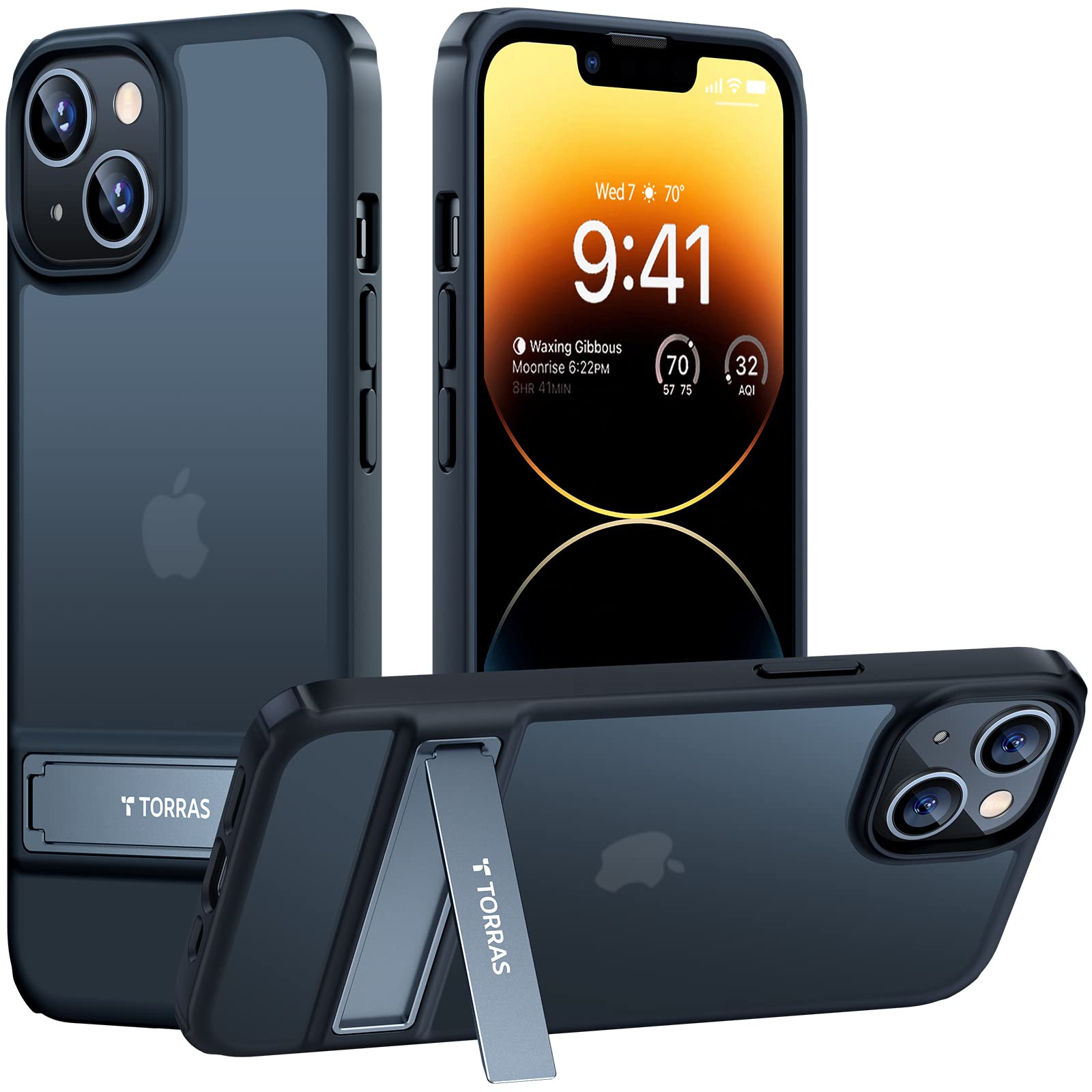 TORRAS MarsClimber Shockproof iPhone 14 Case & iPhone 13 Case - Military Grade Protection (8FT Drop Tested), 3-in-1 Stand Function, Slim Matte Translucent Cover - Perfect for Work, Travel & Outdoor Activities - Black