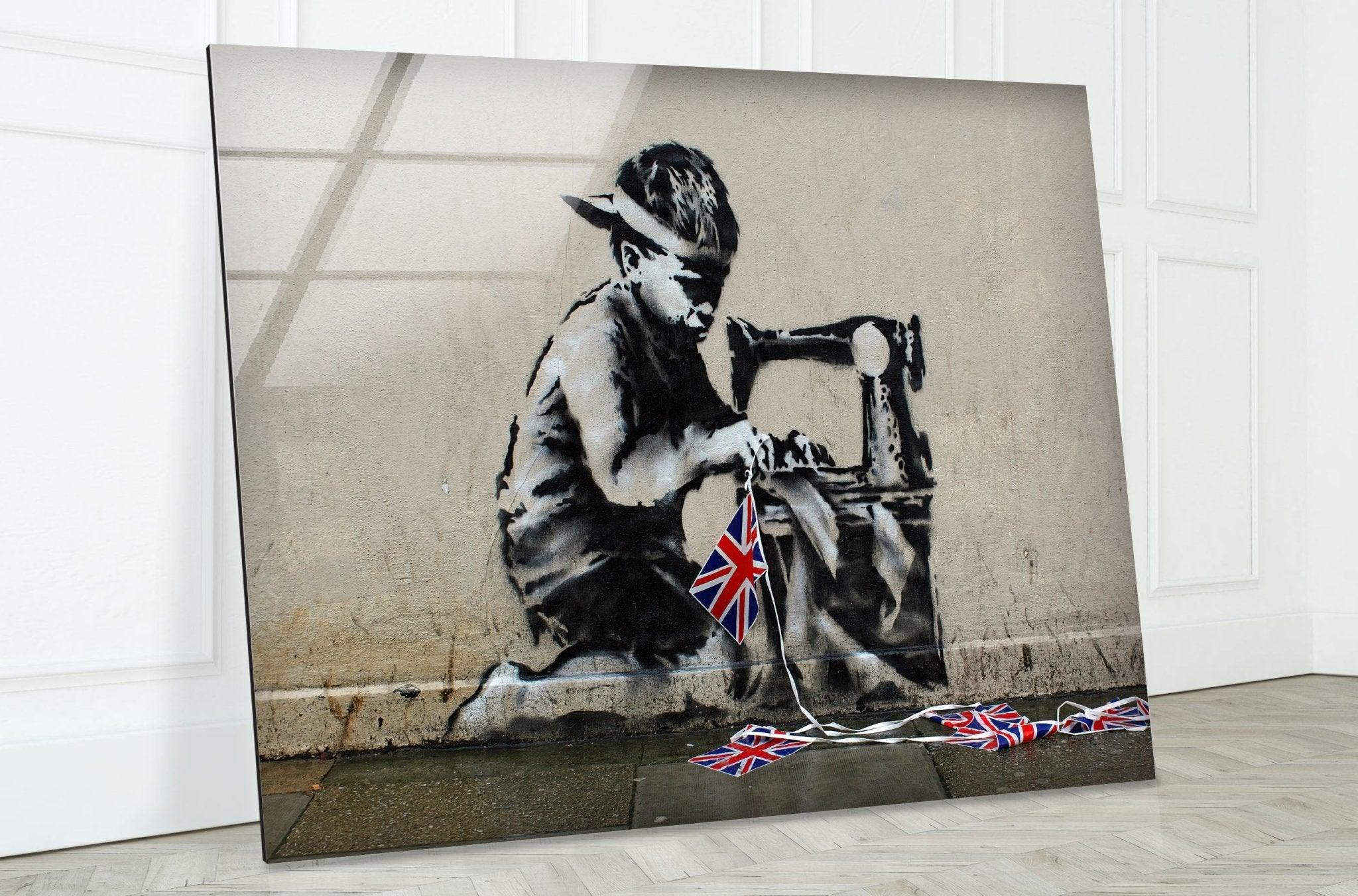 Banksy UK Flag Glass Wall Art - Modern British Street Art Decor for Living Room, Office & Gifts
