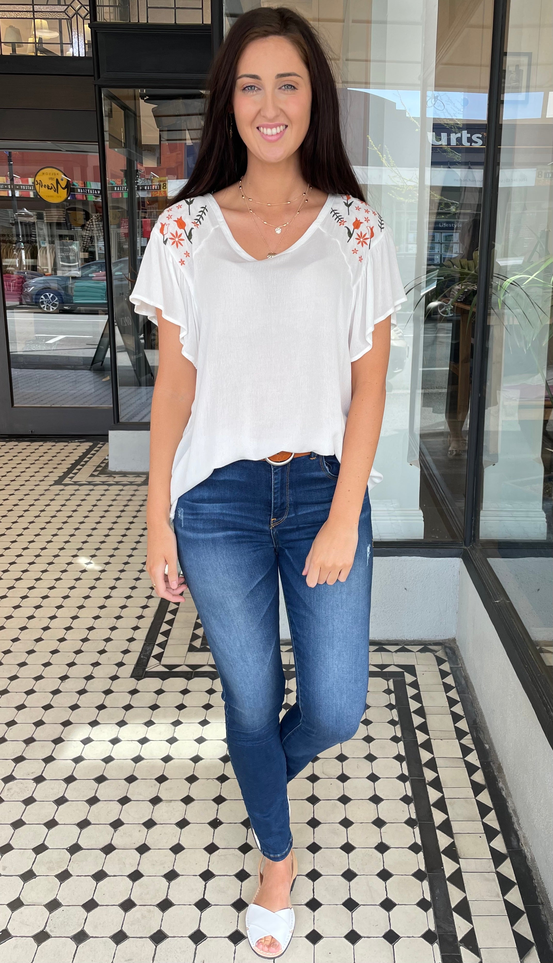 Embroidered Flutter Sleeve Blouse - Women's Boho Chic Off-White Top for Casual Wear, Date Night & Summer Outfits