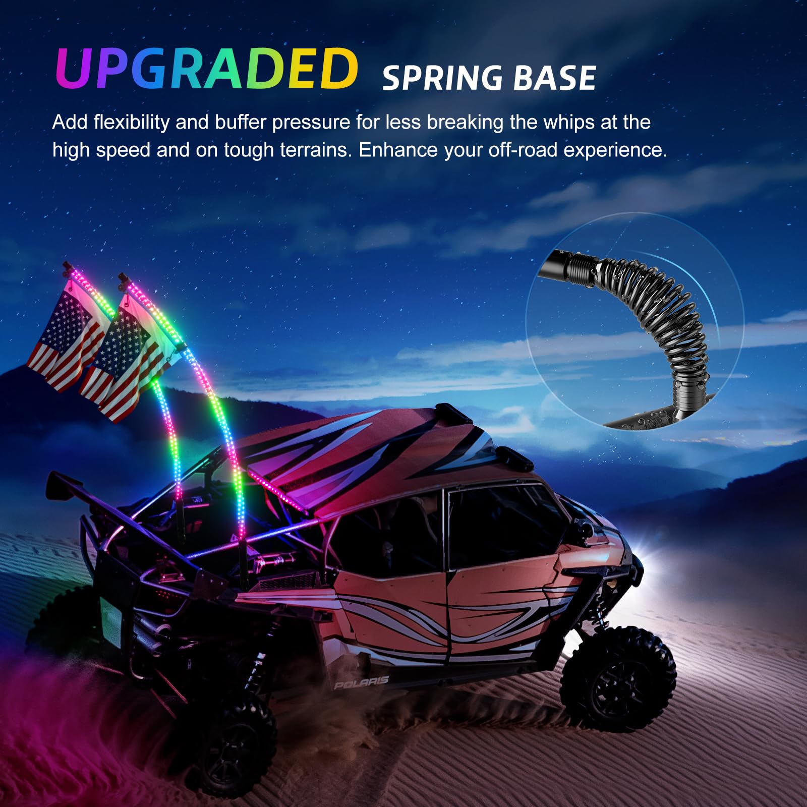 2 Pack 2FT LED Whip Lights with Spring Base - RGB Spiral Chasing Lights with App & Remote Control, Rocker Switch - for UTV, ATV, Polaris RZR, Can-Am SXS, Trucks - Perfect for Off-Roading, Night Rides & Car Shows