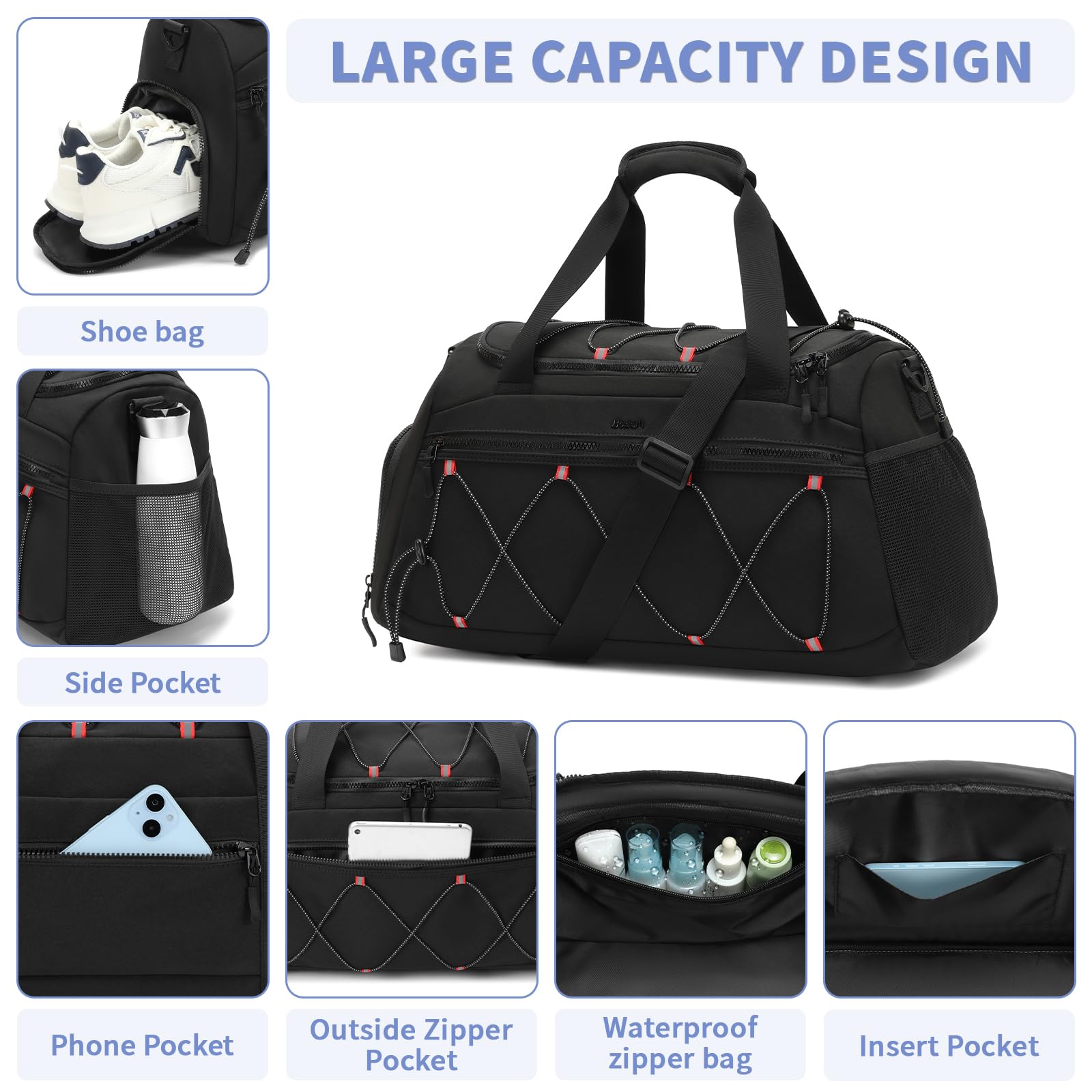 **Women's 40L Gym Bag with Shoe Compartment - Sports Travel Duffel Backpack, Carry-On Weekender Overnight Bag for Workout, Fitness & Travel - Perfect for Gym, Yoga, Swimming & Weekend Getaways (Black)**