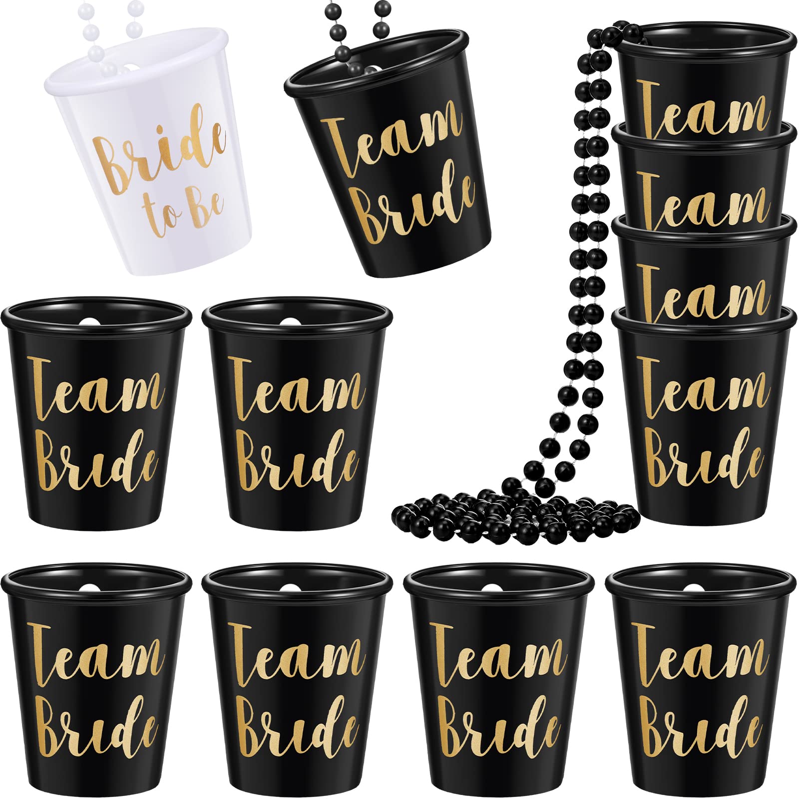 Maitys 12-Piece Gold Foil Bridal Shot Glass Necklace Set - Plastic Beaded Bride Party Accessories for Bachelorette & Wedding Showers (White/Black) - Perfect for Bridesmaid Gifts, Girls Night Out & Wedding Party Favors