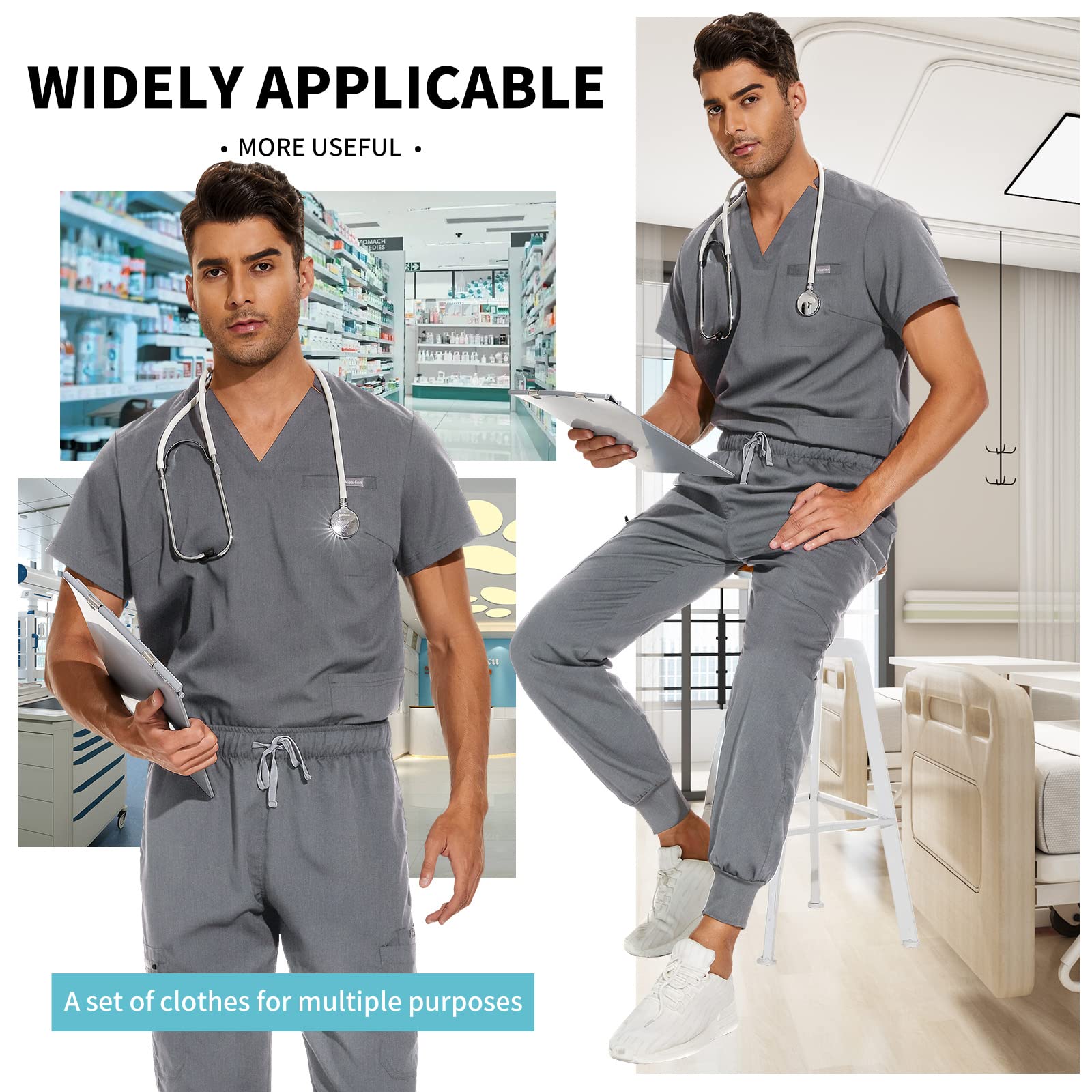 VIAOLI Men's Scrubs Set - V-Neck Top & Jogger Pants with 8 Pockets | Medical Uniform for Nurses, Doctors & Healthcare Professionals | Comfortable Workwear for Hospitals & Clinics