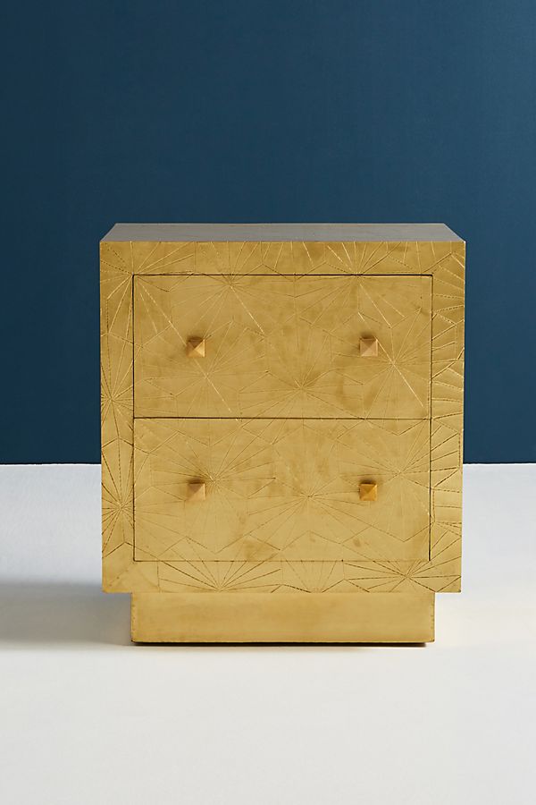 Handmade Brass Nightstand with Two Drawers - Vintage Embossed Bedside Table for Bedroom Decor | Perfect for Master Bedroom, Guest Room & Apartment Living