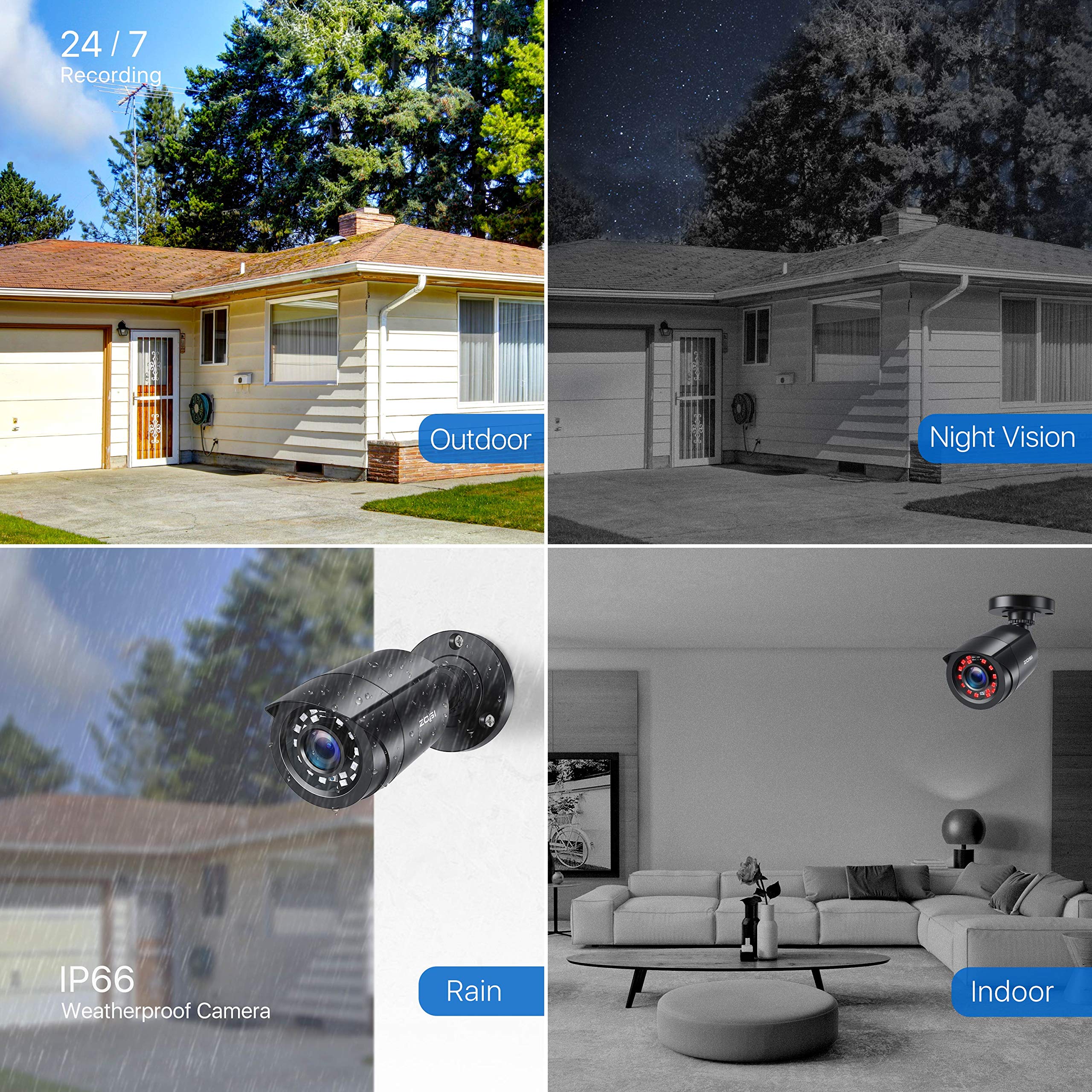 ZOSI 4 Pack 2MP 1080p HD-TVI Security Cameras for Home - Outdoor/Indoor Surveillance with 24 IR LEDs, 80ft Night Vision, 90°View Angle, Weatherproof CCTV Bullet Cameras (Black) - Ideal for Home Security, Business Monitoring, and Property Protection