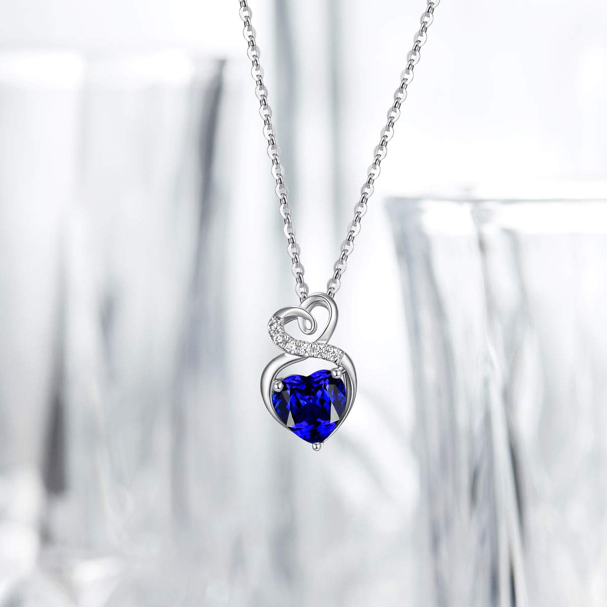 14K Solid White Gold Birthstone Necklace with Sterling Silver Chain - 1.5 CT Gemstone Heart Pendant - Dainty Fine Jewelry for Women (16