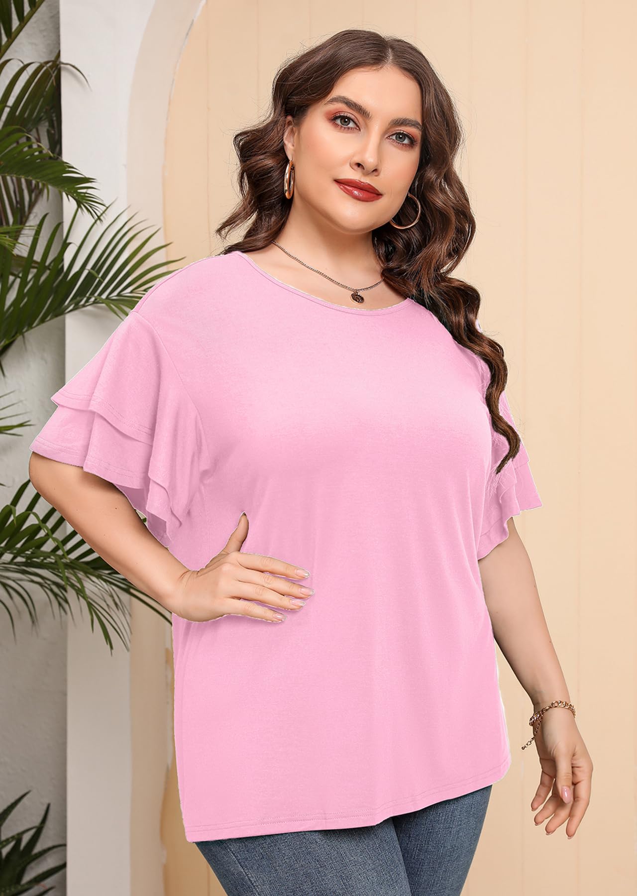 Plus Size Tunic for Women - AusLook Double Ruffle Short Sleeve Loose Fit Flowy Summer Top | Casual Wear, Office Outfits & Beach Cover-Up